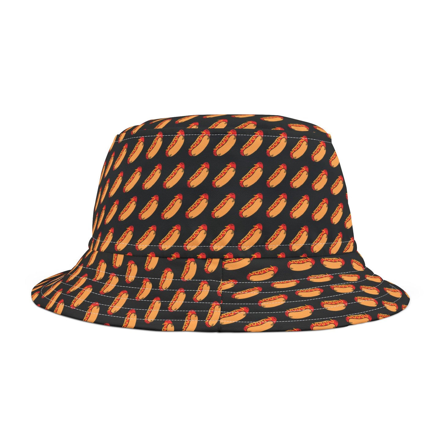Cool black bucket hat showcasing a playful hot dog graphic—fun, festive, and full of Fourth of July spirit.