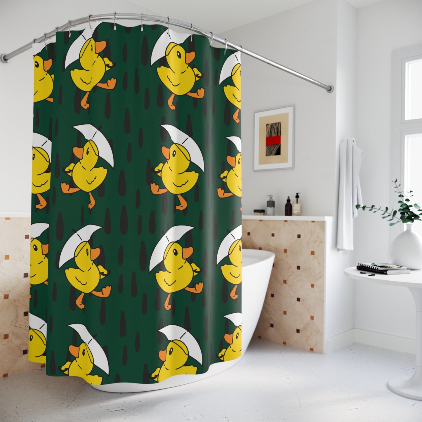 Cozy student bathroom decor featuring ducks with umbrellas on forest background