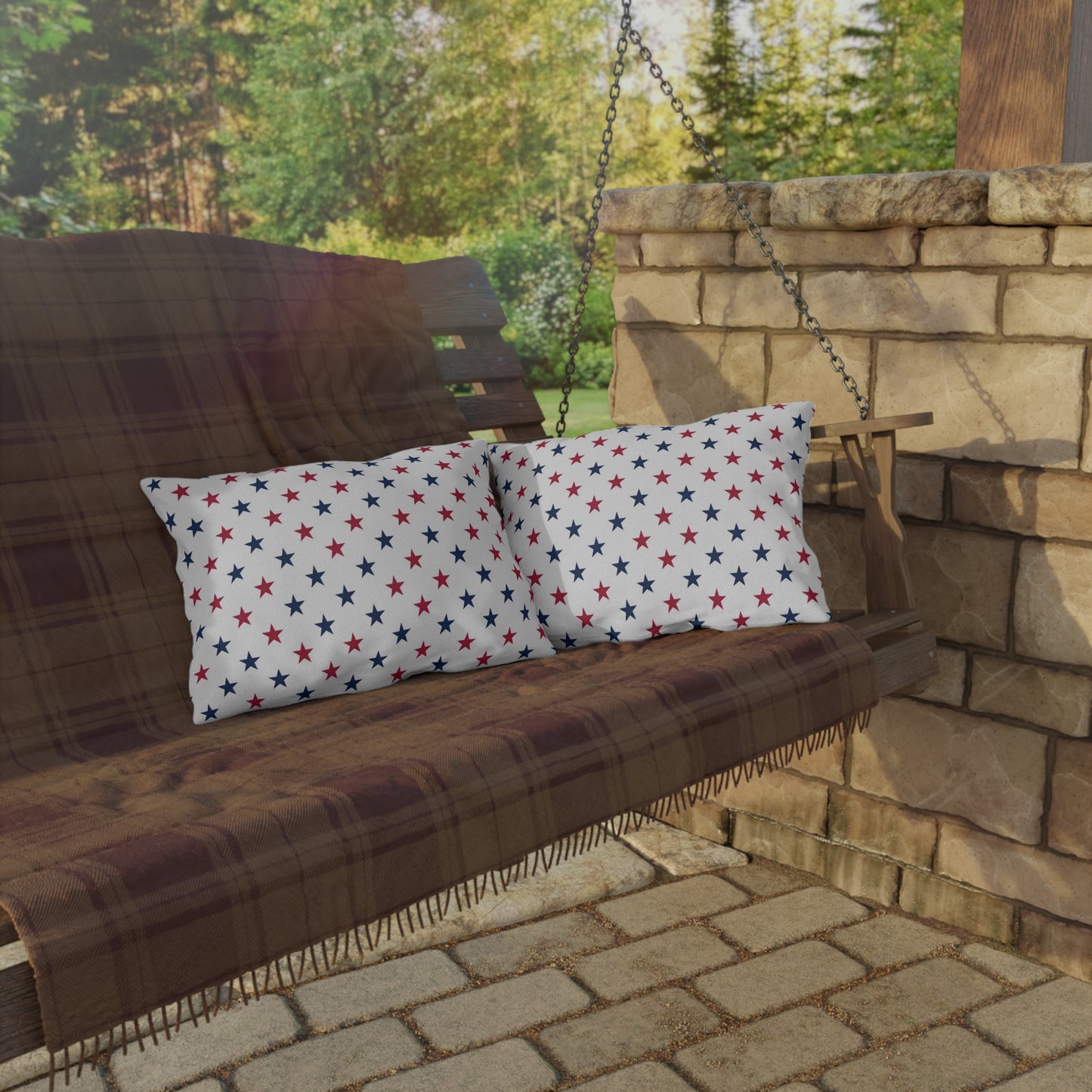 Festive rectangular Fourth of July throw pillow with bold red, white, and blue stars—patriotic, stylish, and perfect for Independence Day decor.