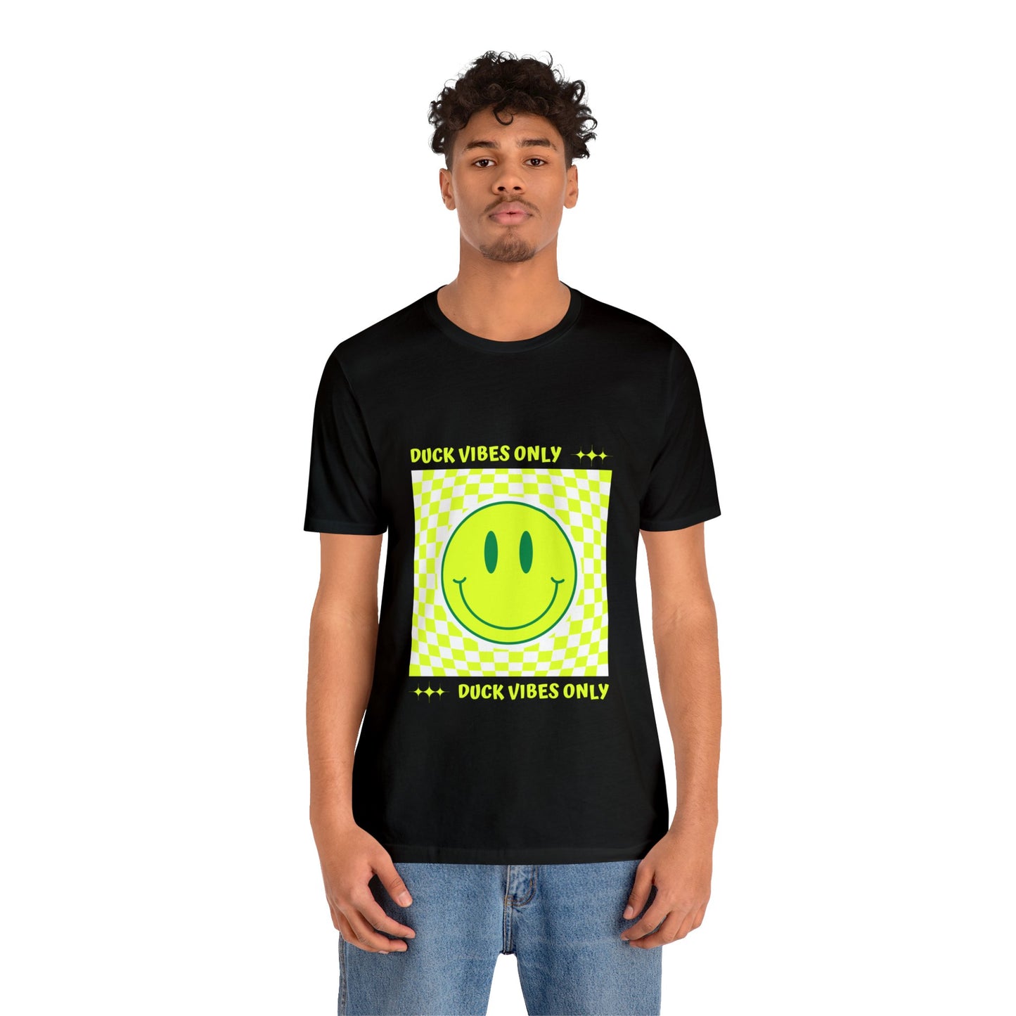 Retro "Duck Vibes Only" Black T-Shirt styled at a football stadium, blending casual comfort with bold fan energy.