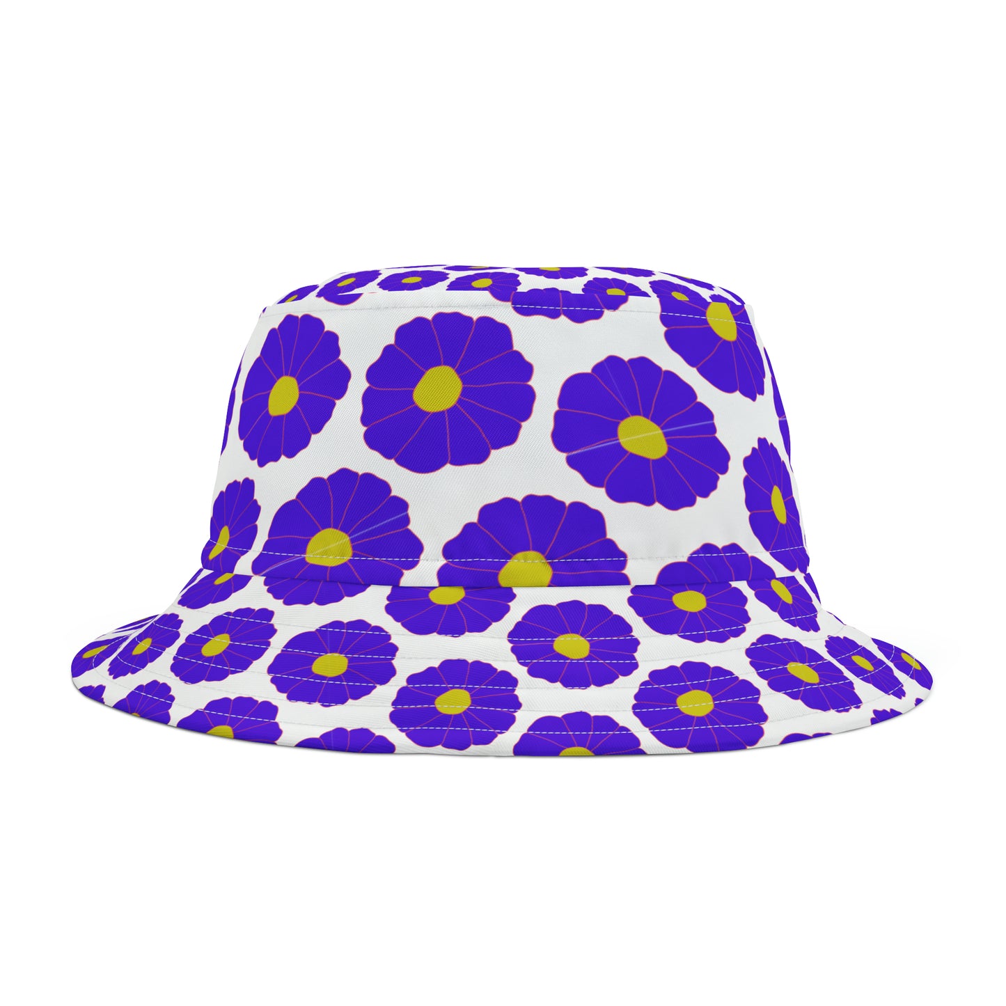 Vintage-inspired bucket hat with all-over purple and gold floral print, displayed outdoors with stadium background—perfect for sunny Seattle gamedays.