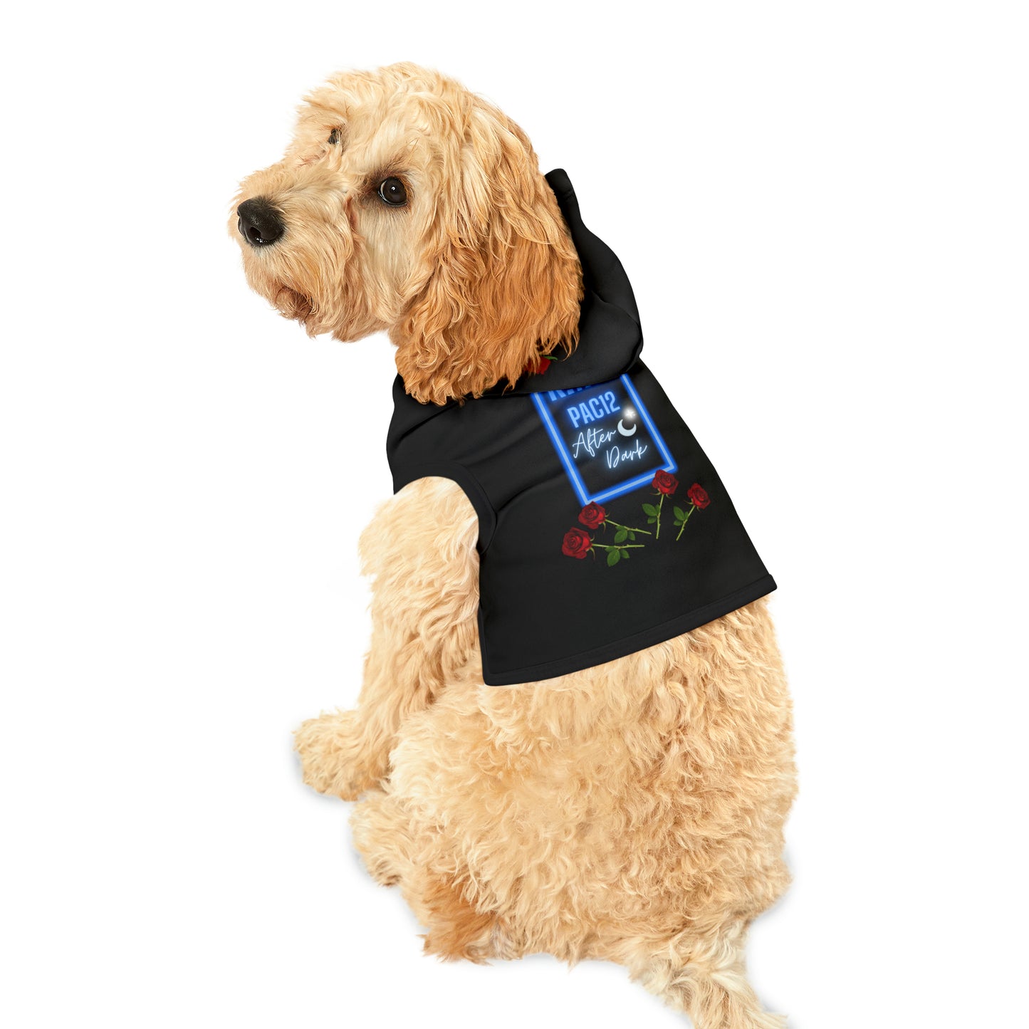 Dog wearing the RIP Pac-12 After Dark Black T-Shirt at a football tailgate, celebrating the unforgettable era of late-night Pac-12 games.