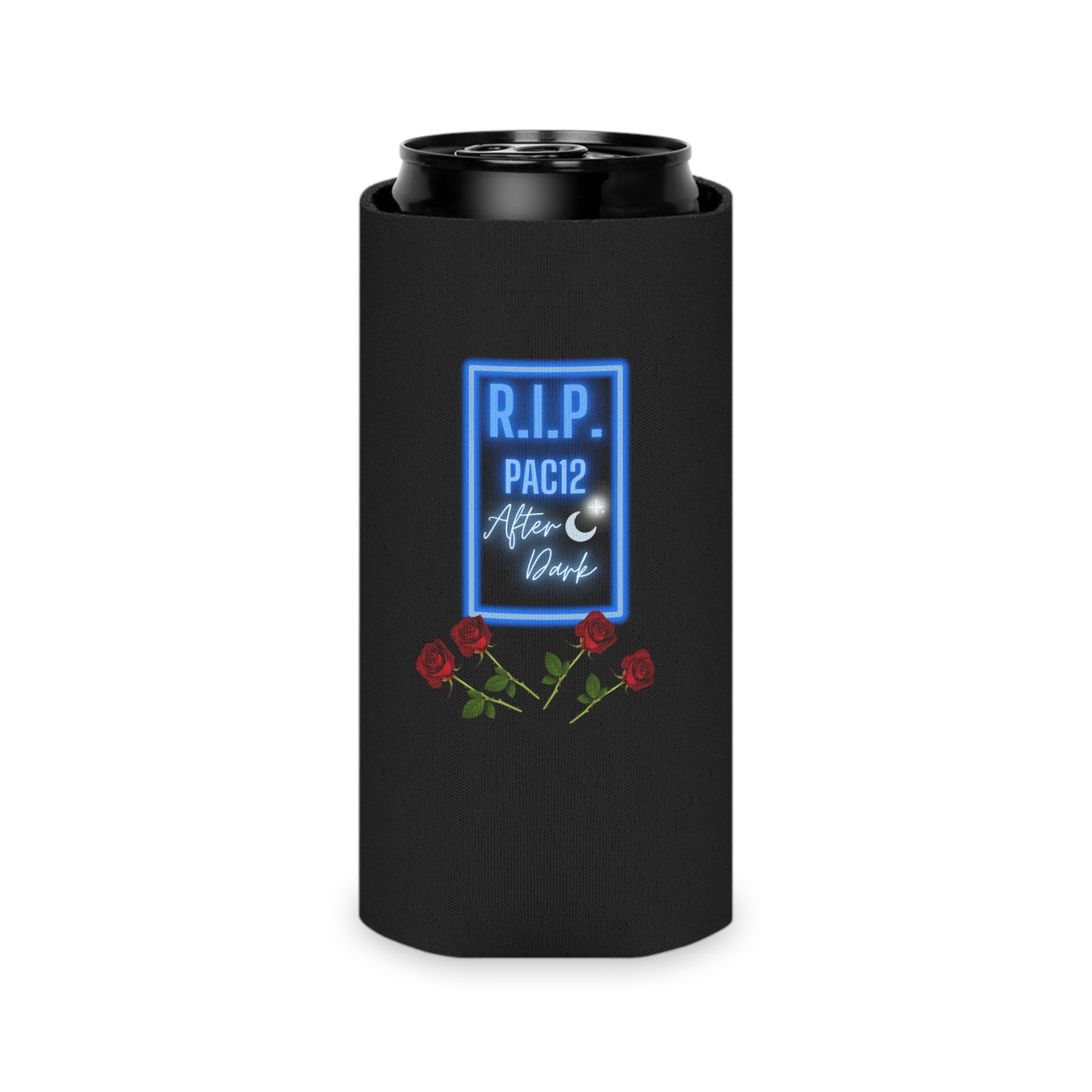 RIP Pac-12 After Dark Black Koozie featuring bold lettering that pays tribute to legendary late-night West Coast football matchups.