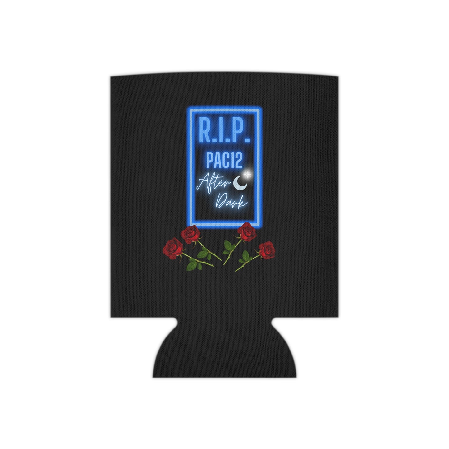RIP Pac-12 After Dark Black Koozie used at a gathering, celebrating West Coast football nostalgia with every cold drink.