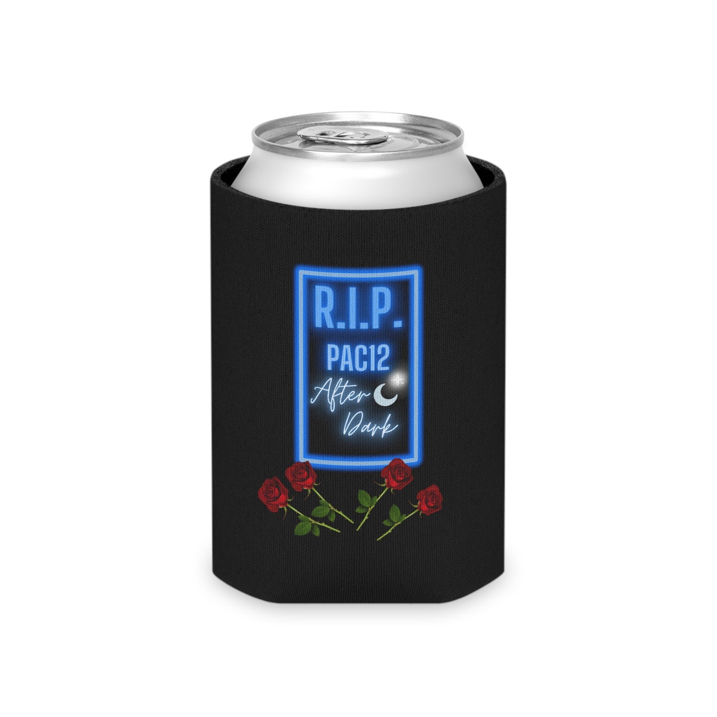 RIP Pac-12 After Dark Black Koozie keeping a drink cold at a football tailgate, celebrating the unforgettable era of late-night Pac-12 matchups.