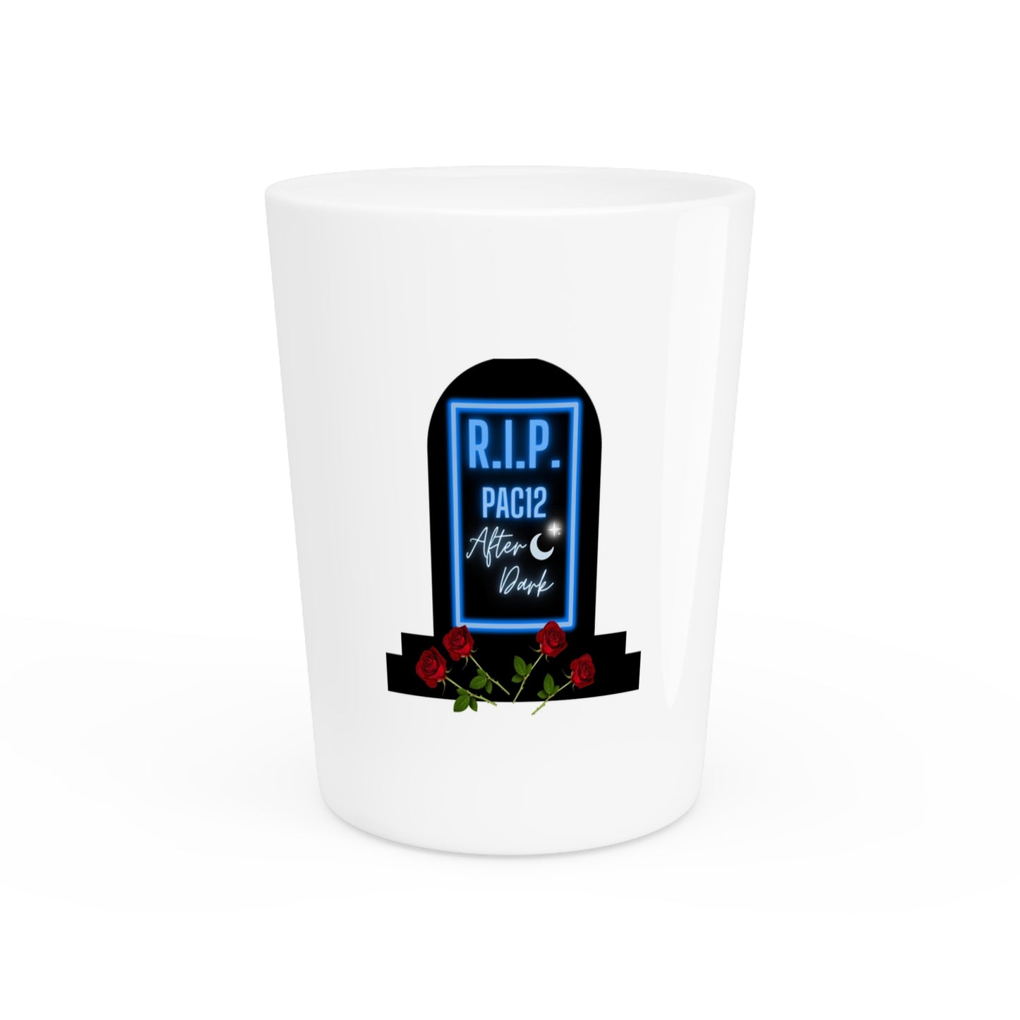 RIP Pac-12 After Dark Shot Glass front view featuring bold tribute to the legendary late-night West Coast matchups.