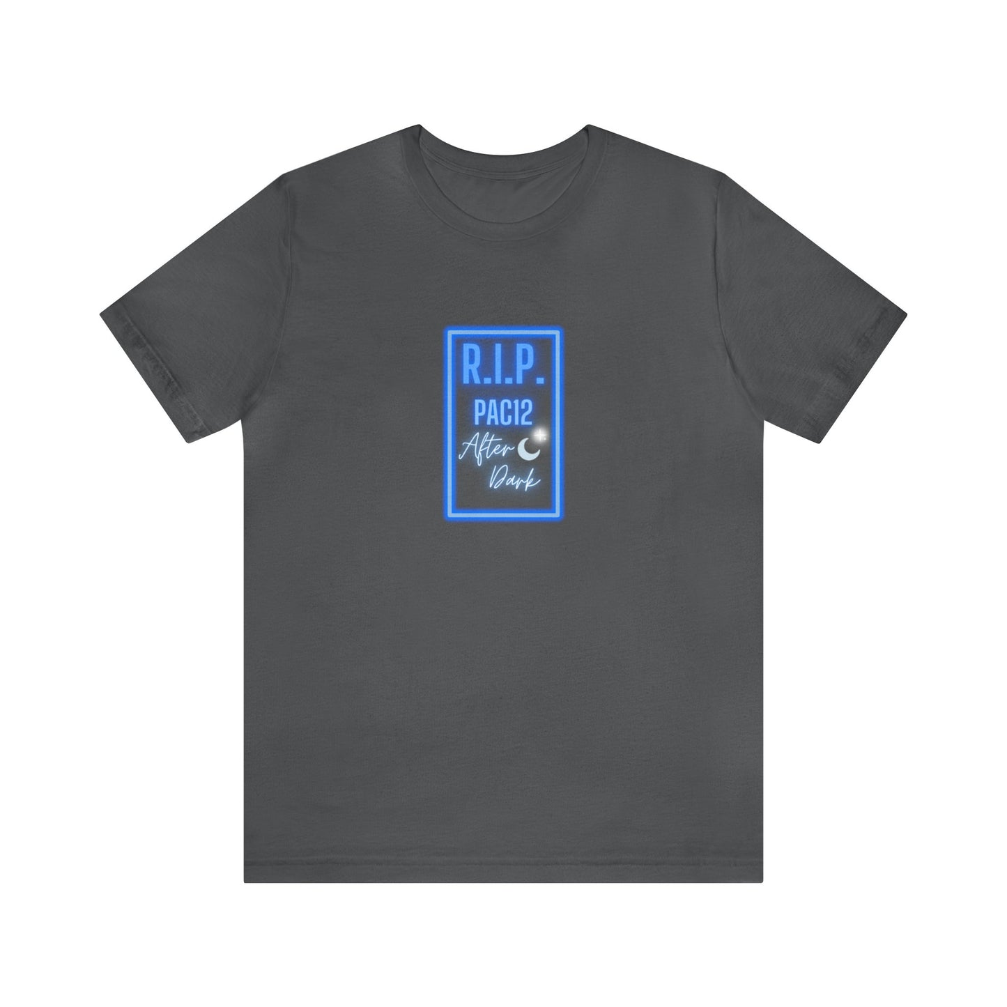 RIP Pac-12 After Dark T-Shirt in dark gray, honoring iconic West Coast football moments with a sleek, nostalgic design.