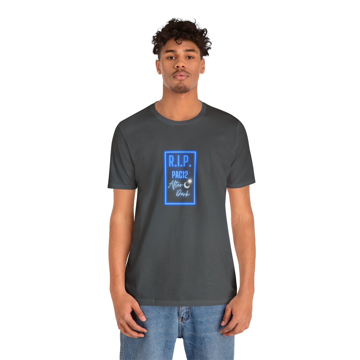 RIP Pac-12 After Dark Gray T-Shirt showcased at a stadium, keeping the spirit of Pac-12 football alive.