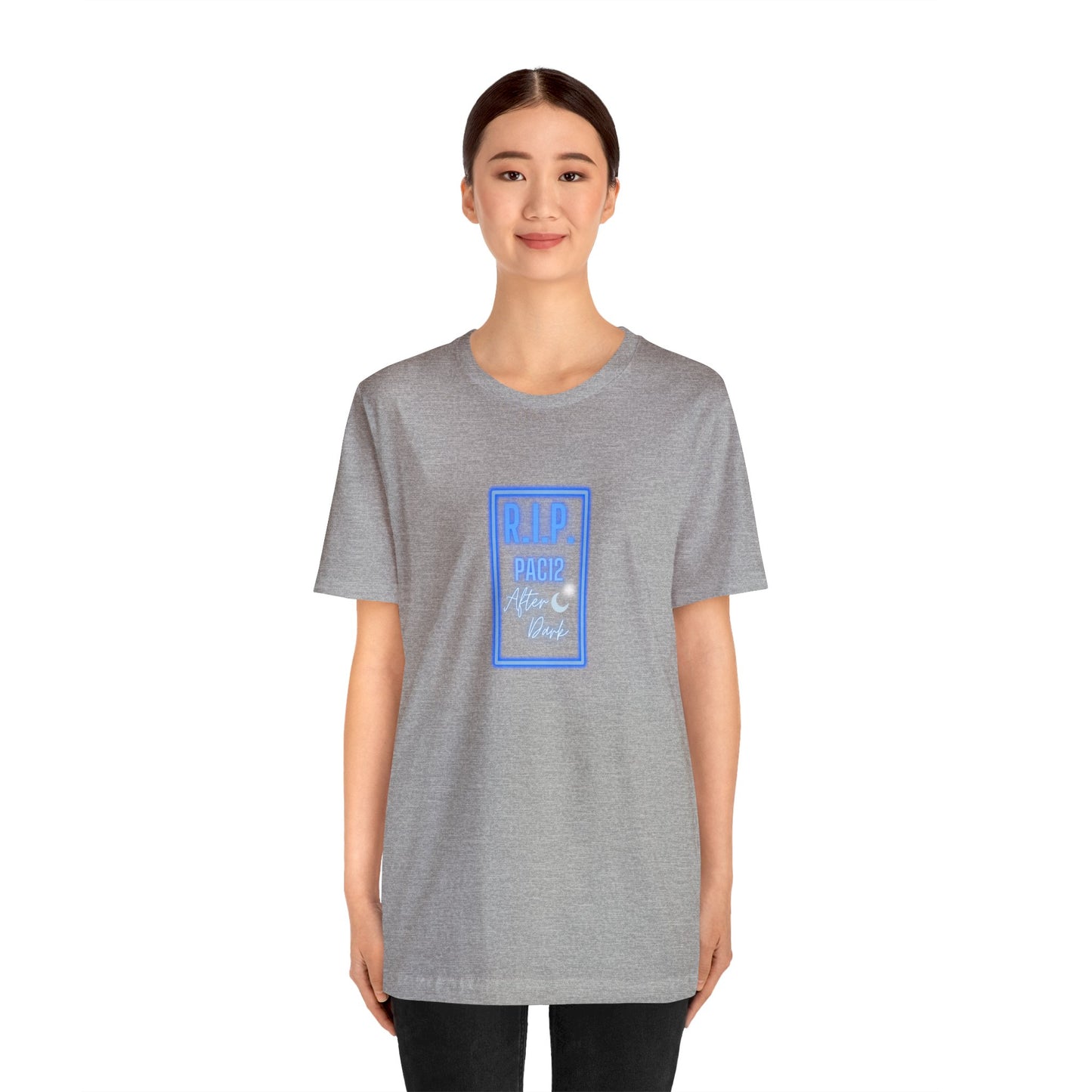RIP Pac-12 After Dark T-Shirt in heather gray, featuring bold lettering that pays tribute to legendary late-night Pac-12 football.