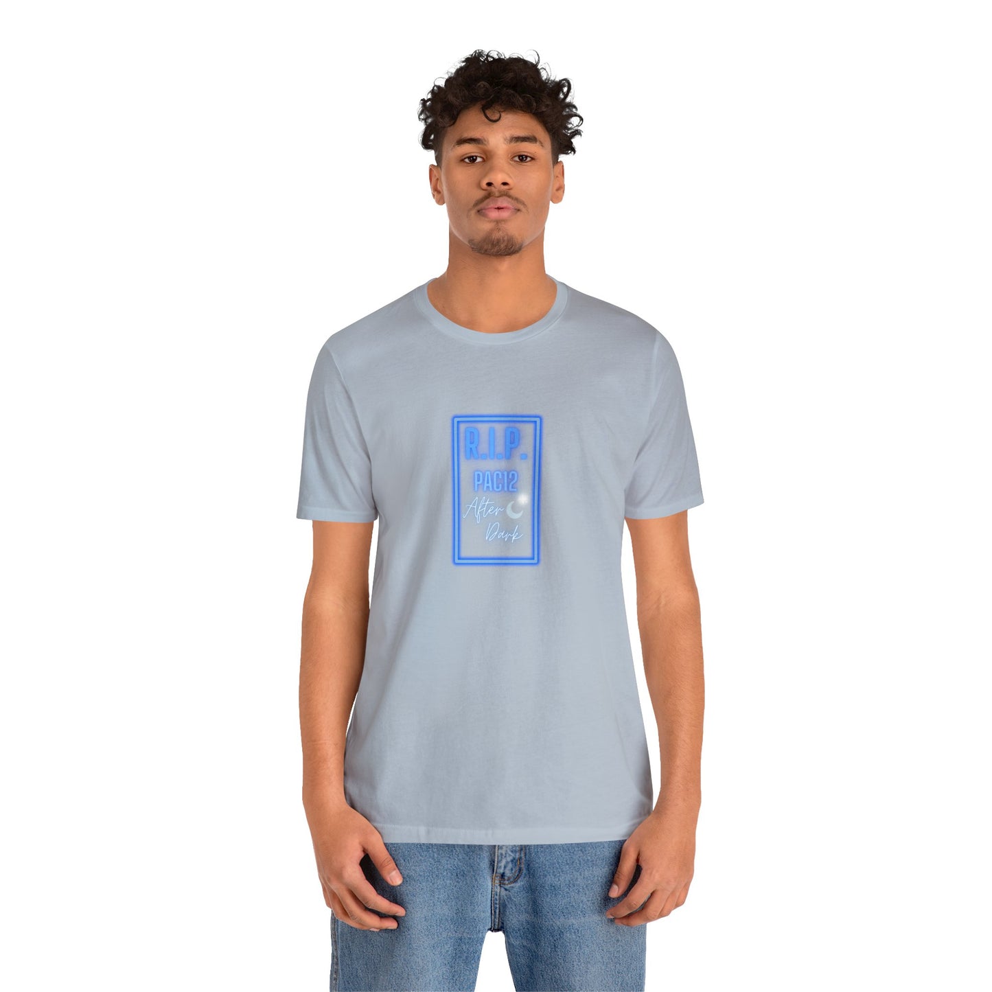 RIP Pac-12 After Dark T-Shirt in light blue, celebrating legendary late-night Pac-12 rivalries with classic game-day style.