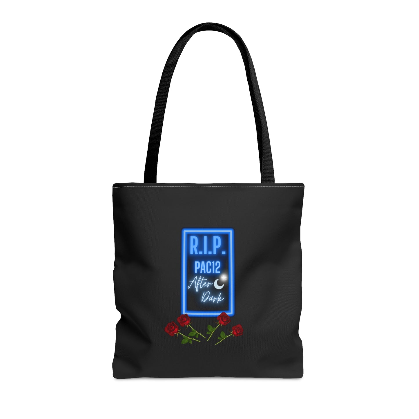 RIP Pac-12 After Dark Black Tote Bag featuring bold lettering that pays tribute to the legendary late-night West Coast football matchups.