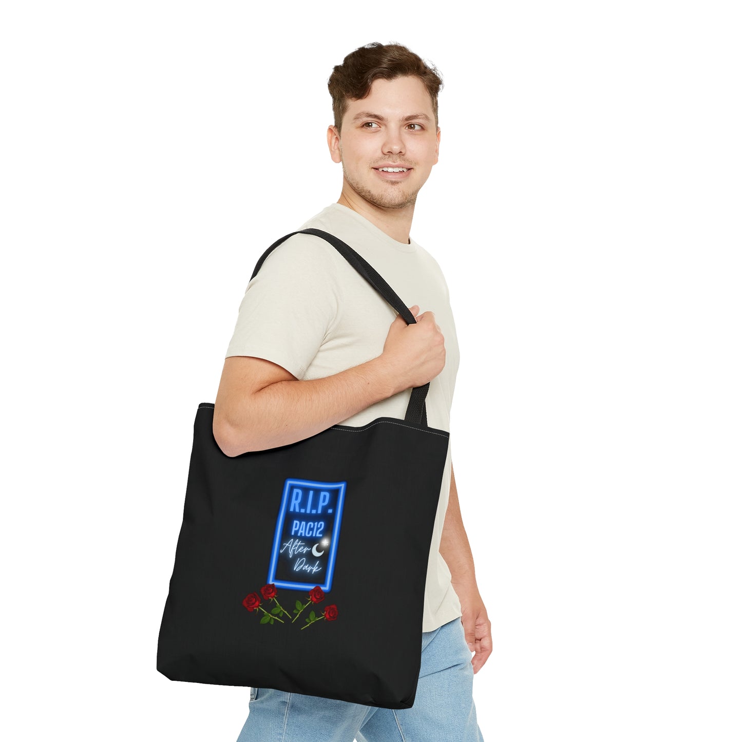 RIP Pac-12 After Dark Black Tote Bag used as an everyday carry item, keeping the spirit of Pac-12 football alive beyond game day.