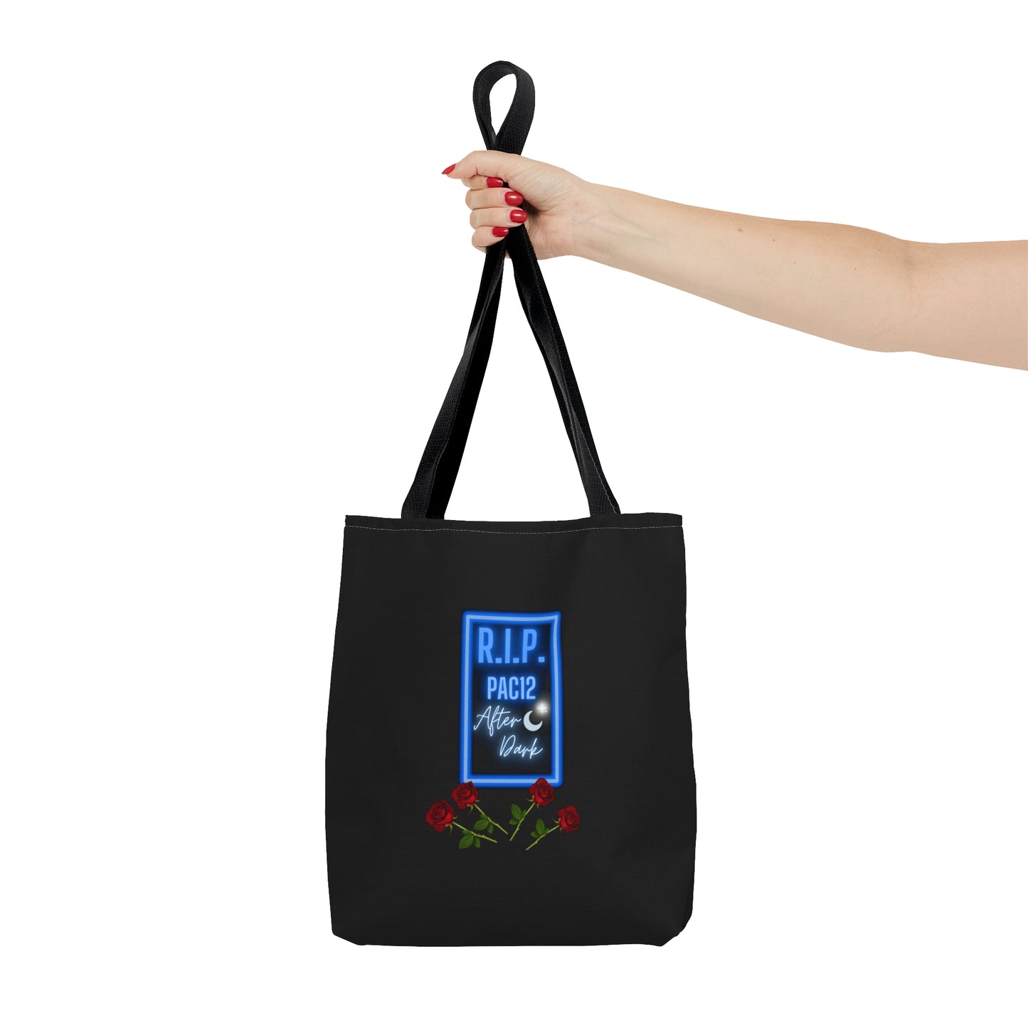 RIP Pac-12 After Dark Black Tote Bag displayed at a tailgate, representing true Pac-12 nostalgia and West Coast football culture.