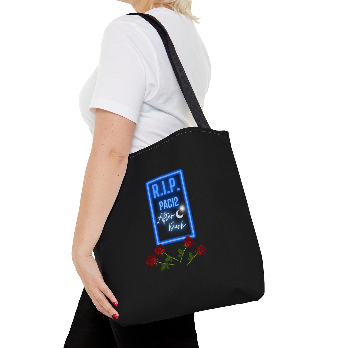 RIP Pac-12 After Dark Black Tote Bag displayed in use, celebrating the unforgettable era of late-night Pac-12 football