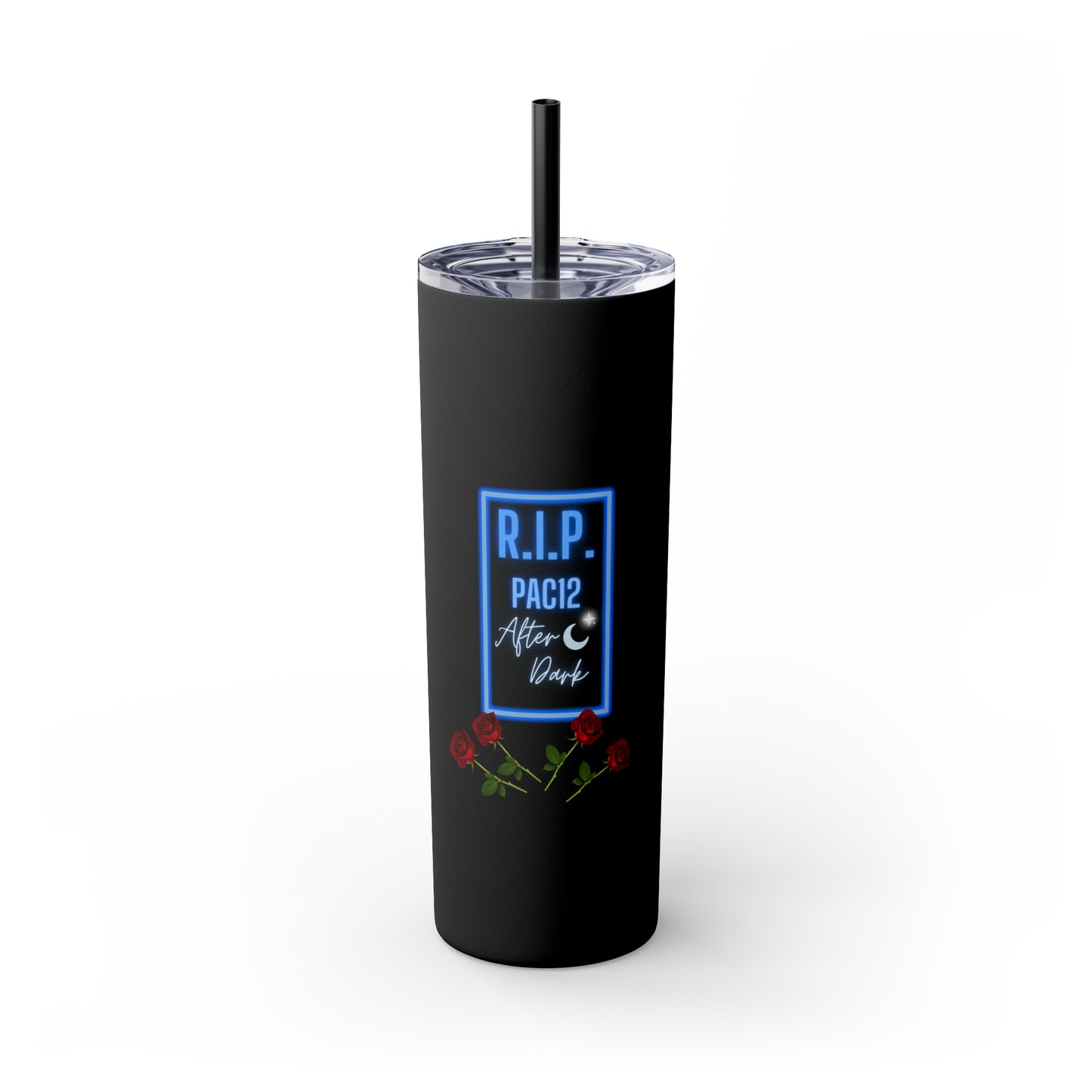 RIP Pac-12 After Dark Black Tumbler featuring bold lettering that pays tribute to legendary late-night West Coast football matchups.