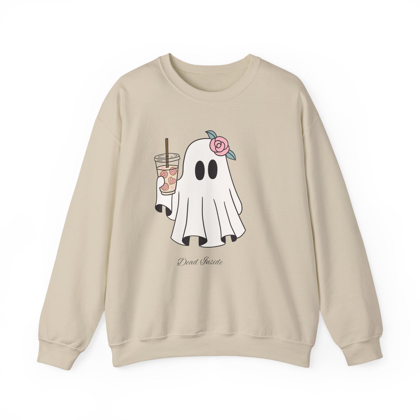 Sandy sweatshirt with “dead inside” ghost design, styled for cozy fall fashion and spooky season layering.