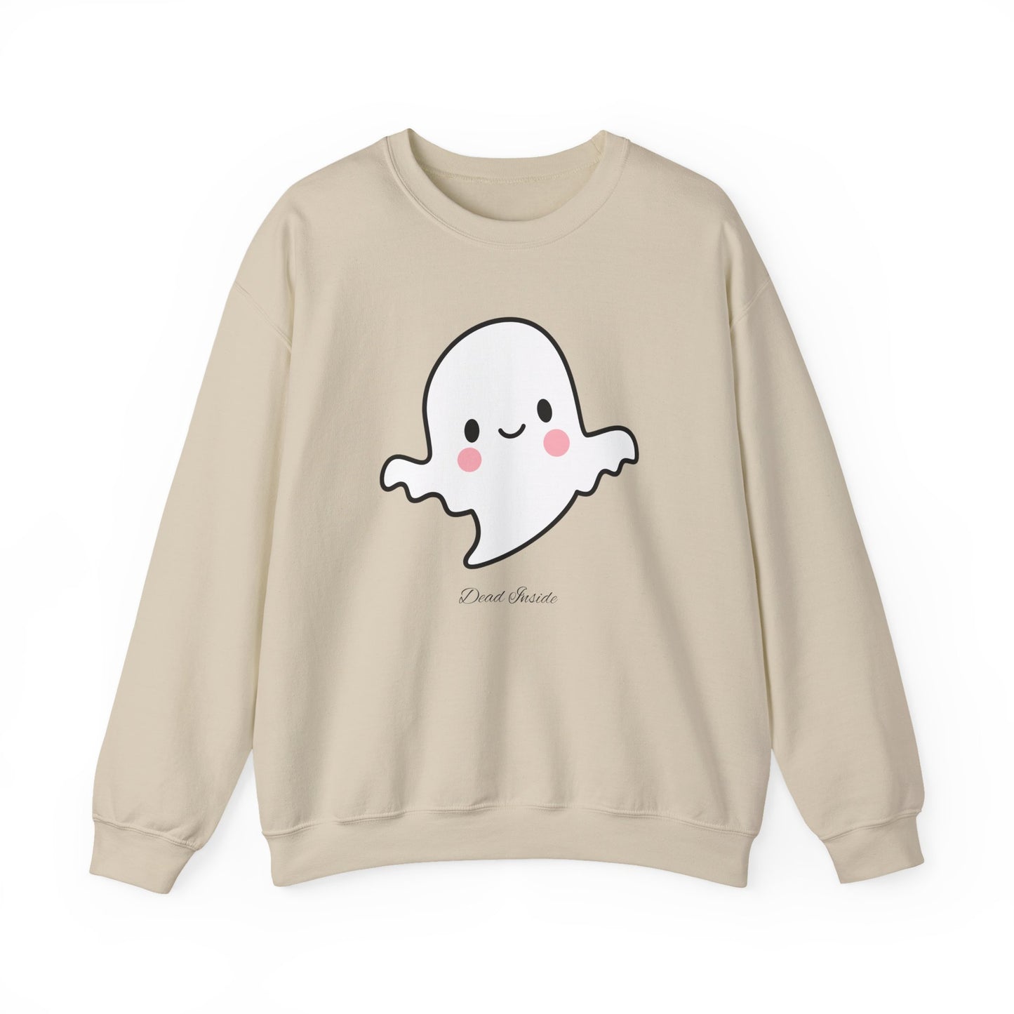Ivory sweatshirt with “dead inside” ghost design, styled for cozy fall fashion and spooky season layering.