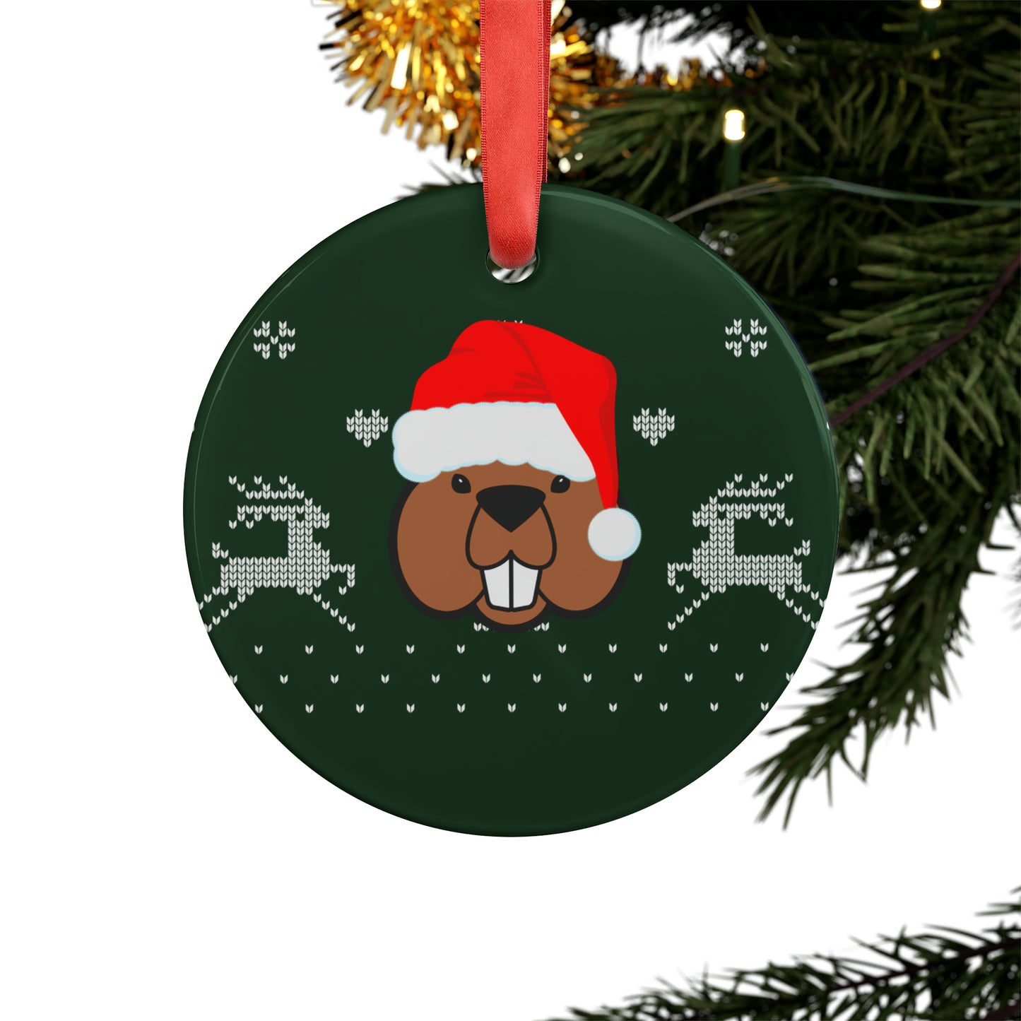 view of festive ornament with Santa beaver graphic—lightweight and perfect for Corvallis Christmas trees