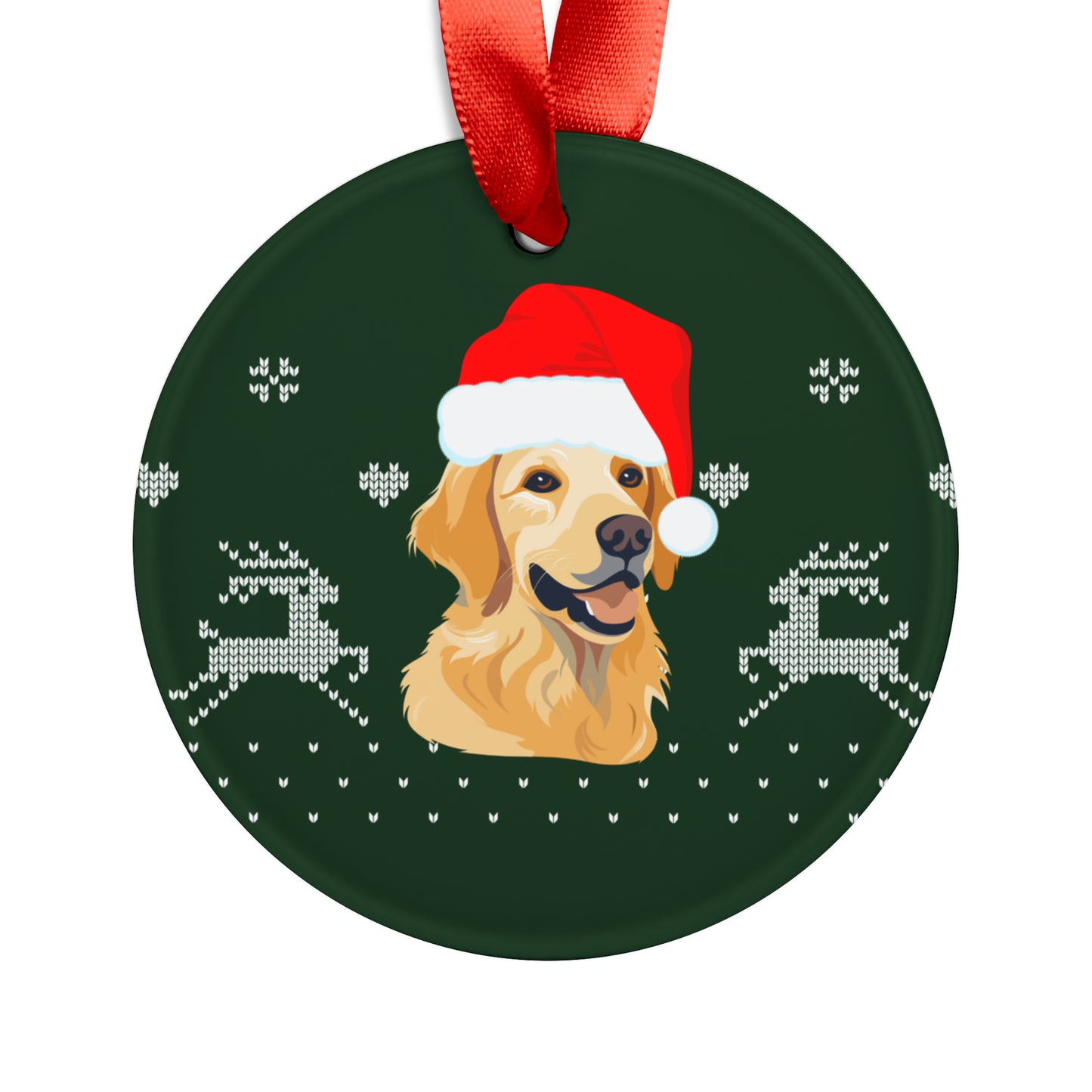 front view of golden retriever Christmas ornament with festive Santa hat and cheerful expression, sitting against white background