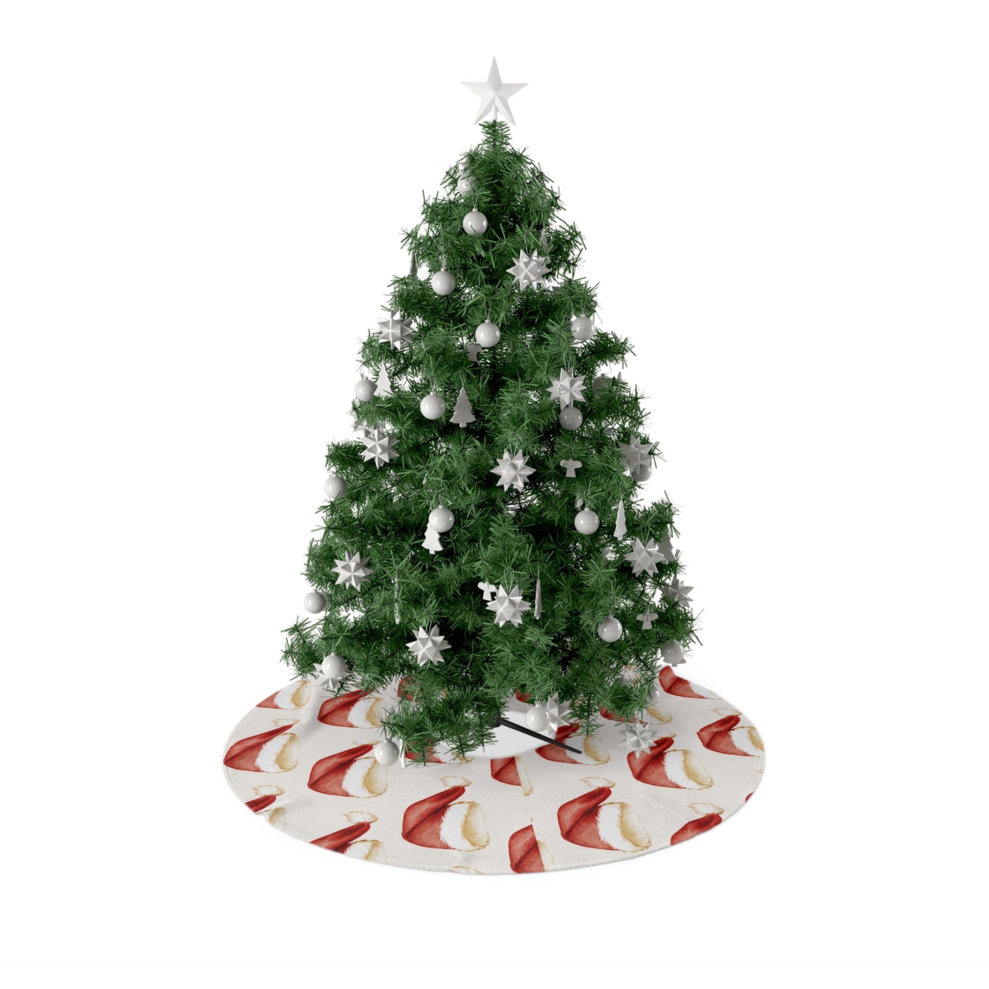 Plush red Santa hat–style Christmas tree skirt with white trim displayed under a decorated tree beside a crackling fireplace and twinkling holiday lights