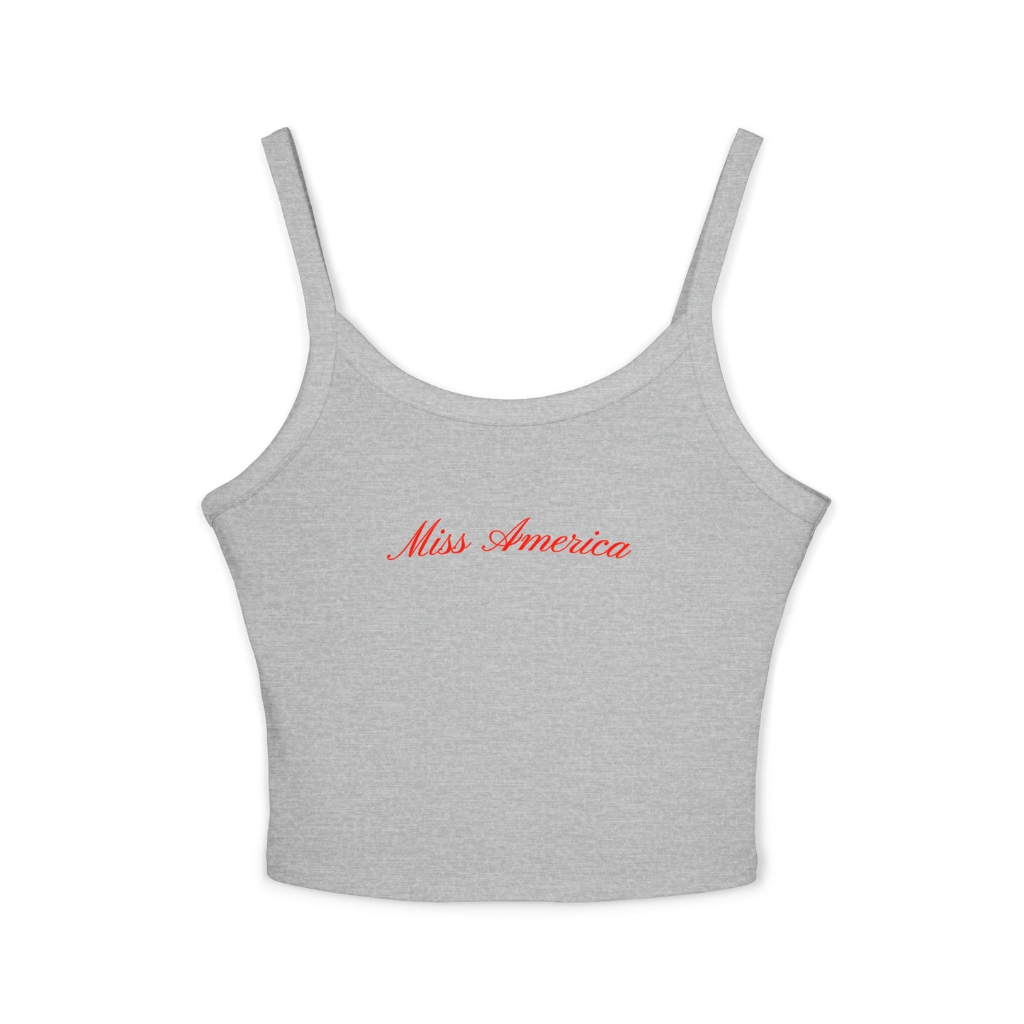 Classic light gray tank top featuring bold red “Miss America” text—patriotic, stylish, and perfect for Fourth of July celebrations.