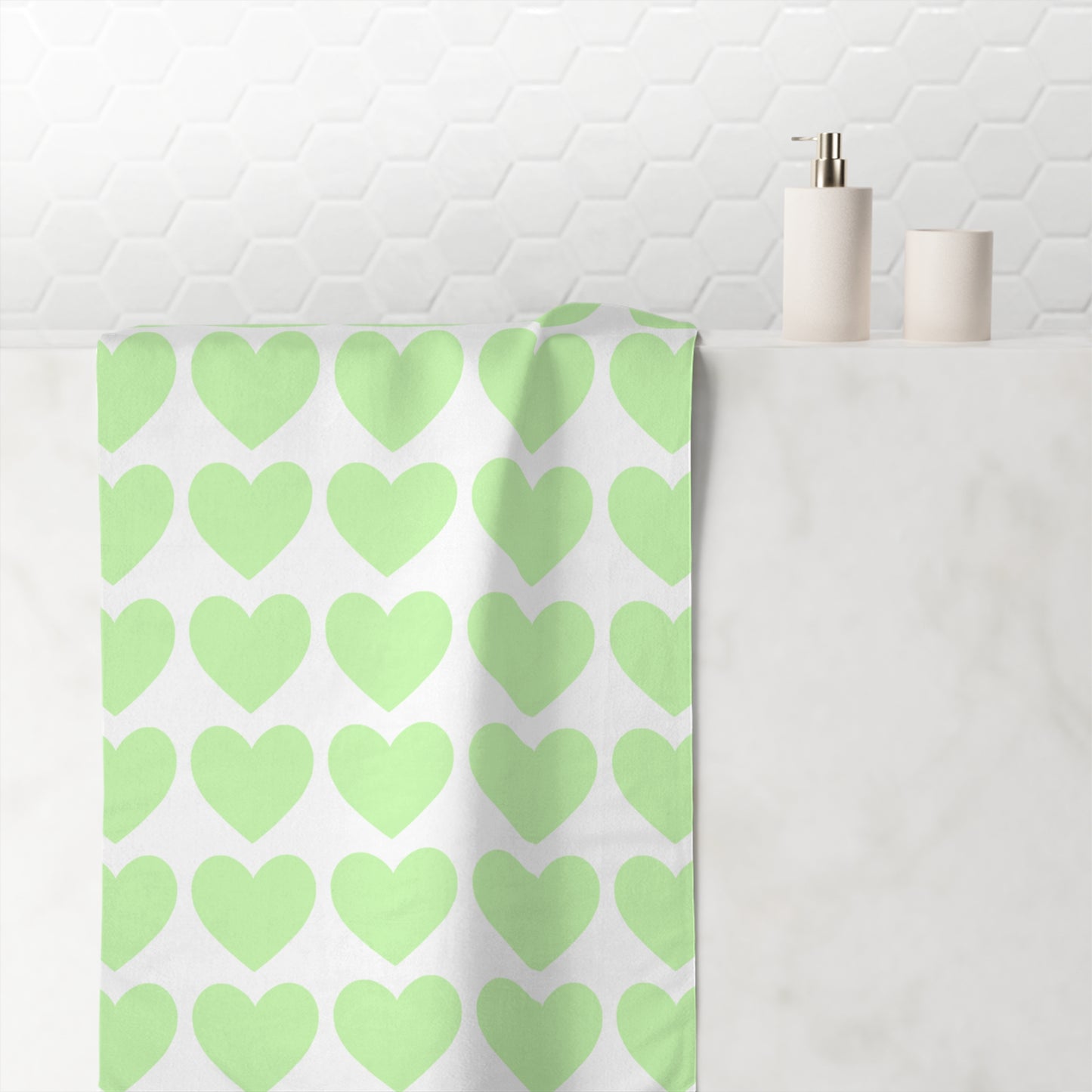 Mint green towel with pastel heart pattern – dreamy accessory for dorms and expressive home styling