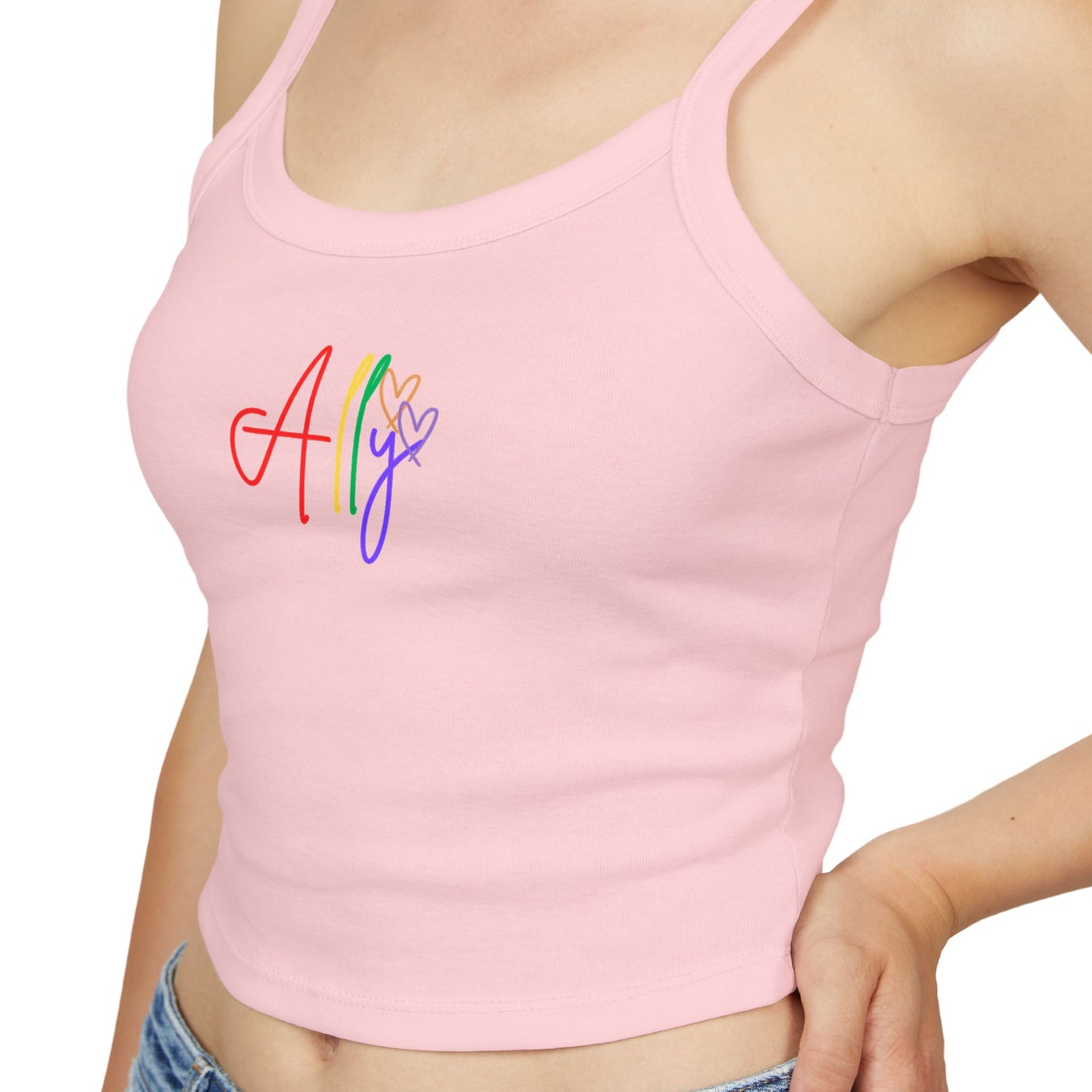 Soft Pink Ally Pride Tank – A light pink sleeveless tank featuring bold rainbow cursive "Ally," celebrating LGBTQ+ support with a fresh, stylish look.