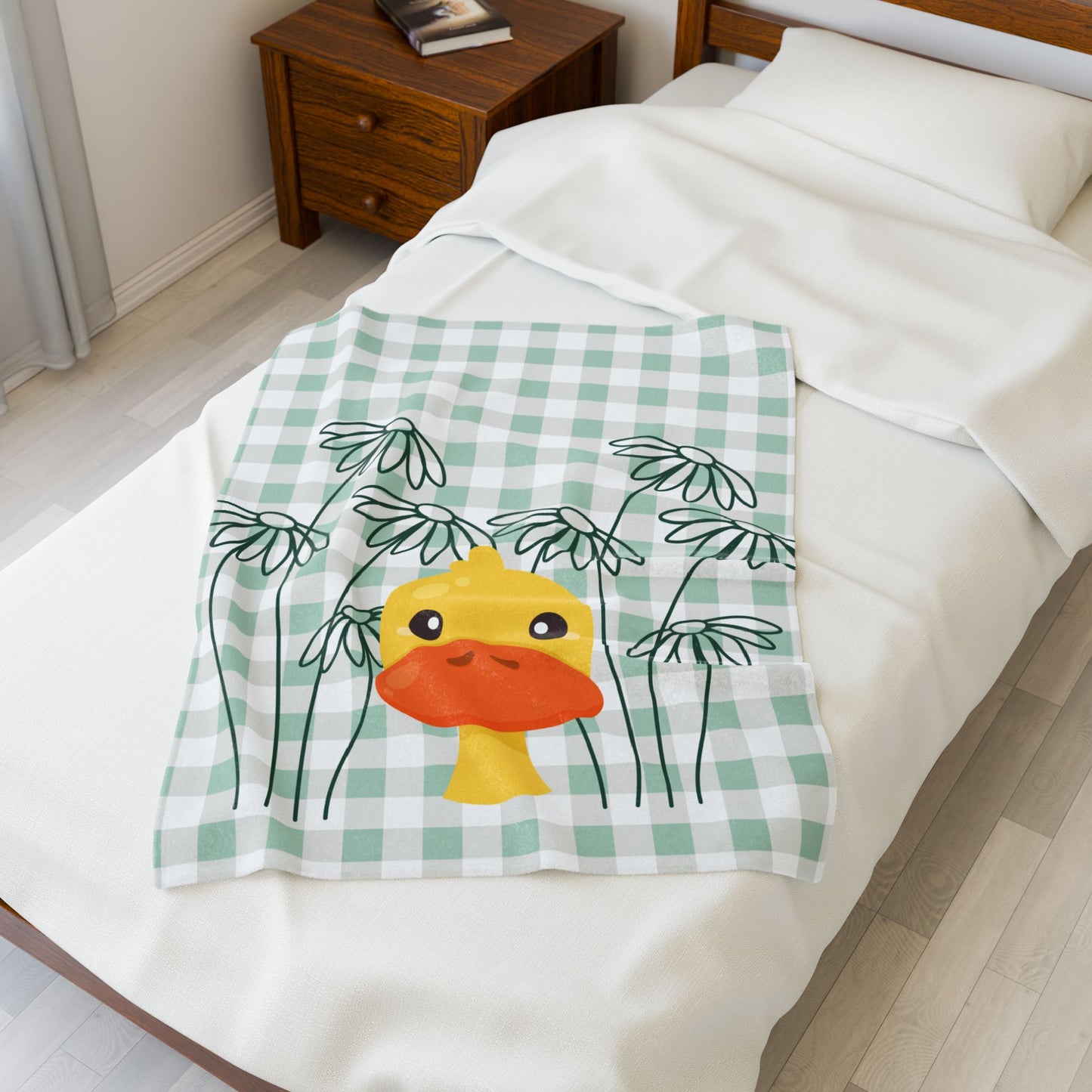 Gift-ready blanket with gingham floral and duck theme for spring cottagecore care bundle