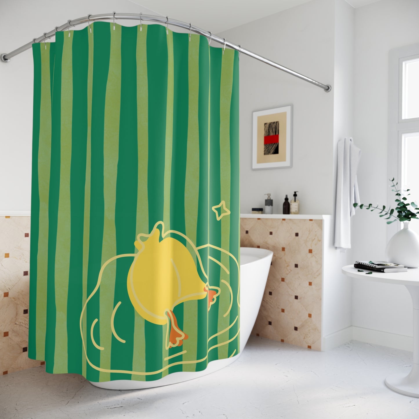 Bold duck motif on striped background, perfect for playful student bathroom decor