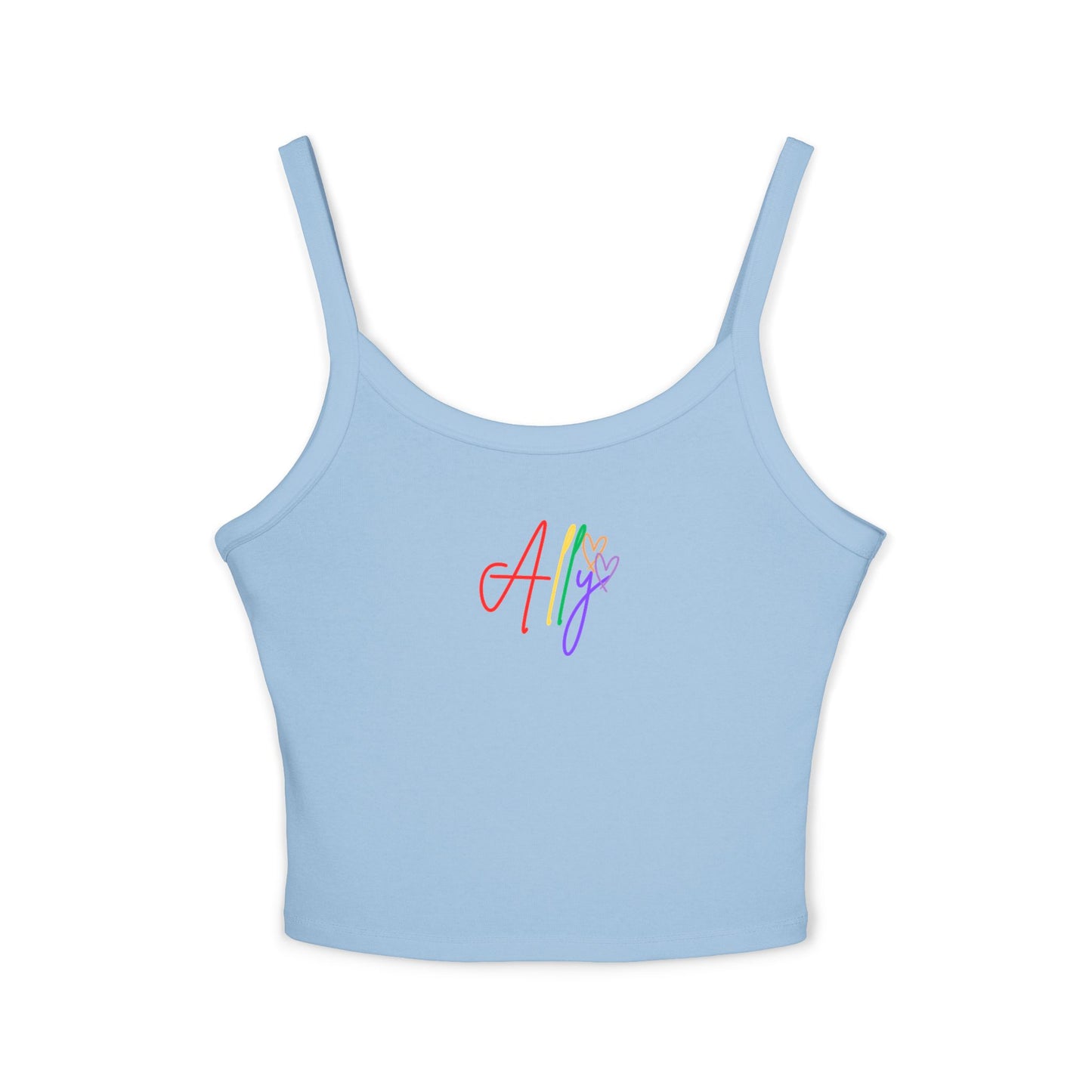 Tranquil Baby Blue Ally Tank – A light blue pride tank with vibrant rainbow cursive "Ally," radiating inclusivity and positivity.
