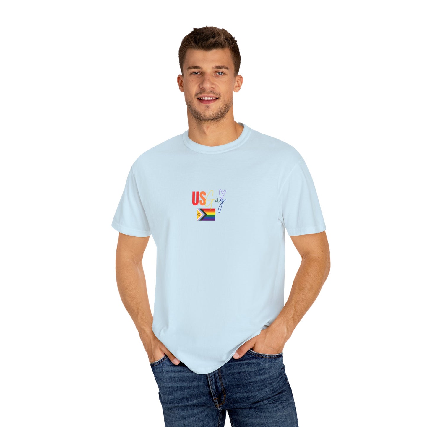 Eye-catching baby blue "US Gay" t-shirt with bright rainbow typography and a classic Pride flag, bringing energy and joy to any outfit.