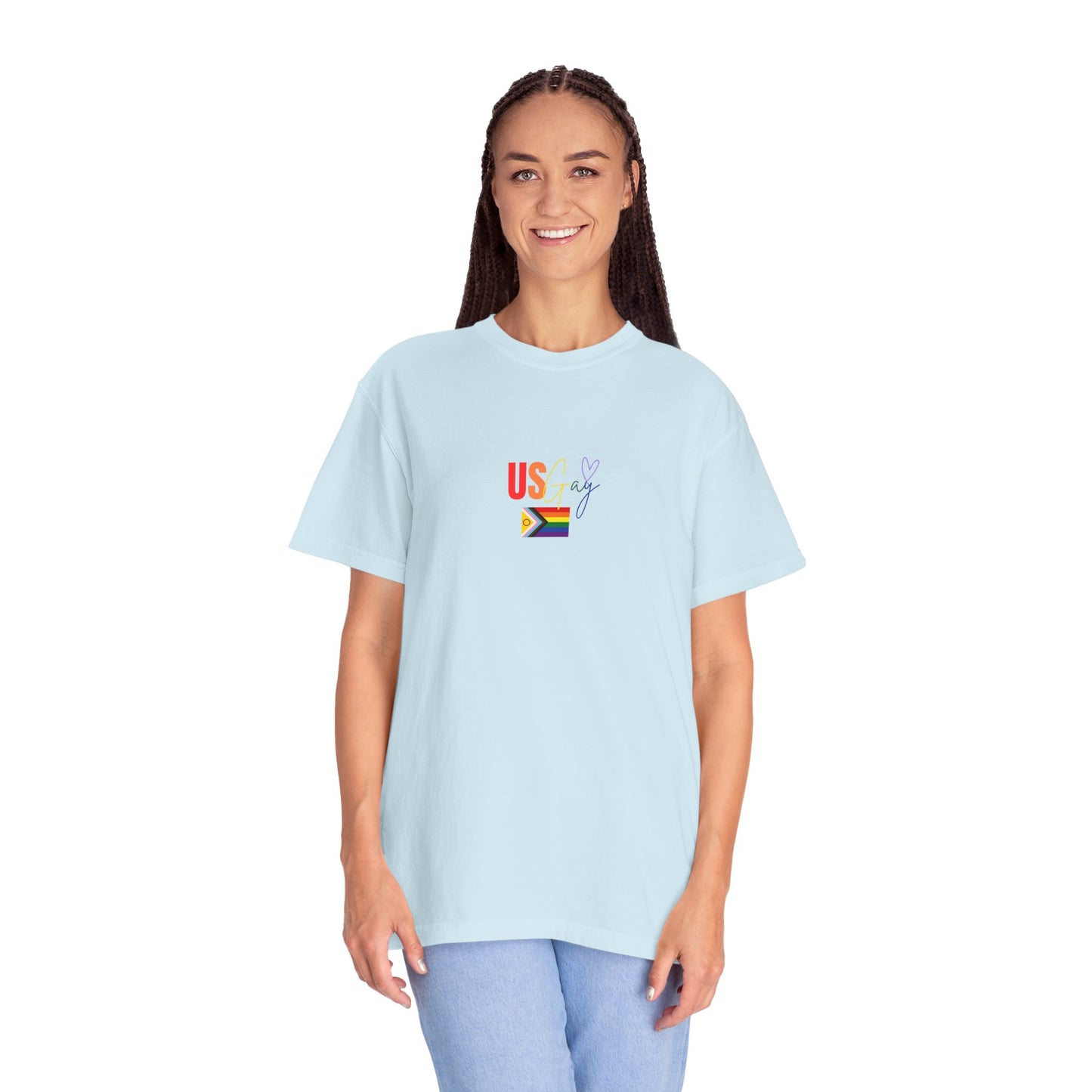 Pastel baby blue "US Gay" tee with a colorful Pride flag, offering a fresh and stylish way to celebrate LGBTQ+ pride with confidence.