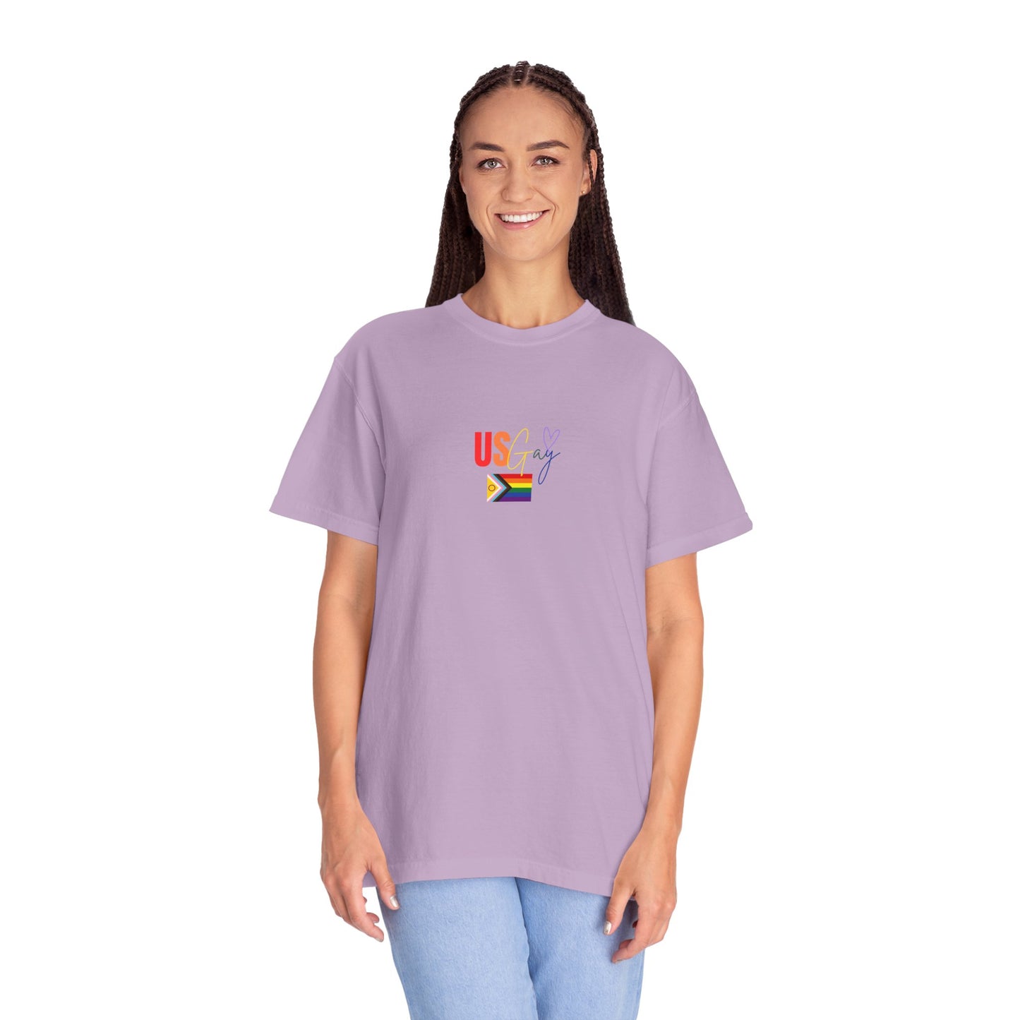 Pastel lavender "US Gay" tee with a colorful Pride flag, a fresh and stylish way to celebrate LGBTQ+ pride and visibility.