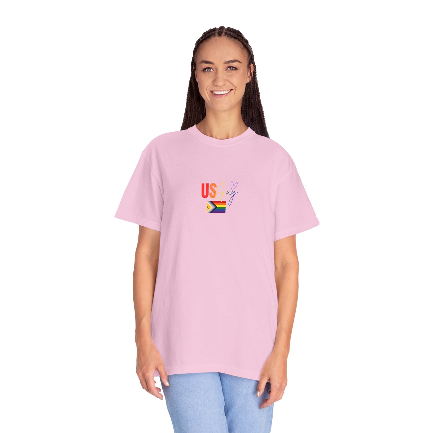 Bright pink t-shirt featuring "US Gay" in bold, vibrant letters alongside a classic rainbow Pride flag, celebrating LGBTQ+ unity and visibility.