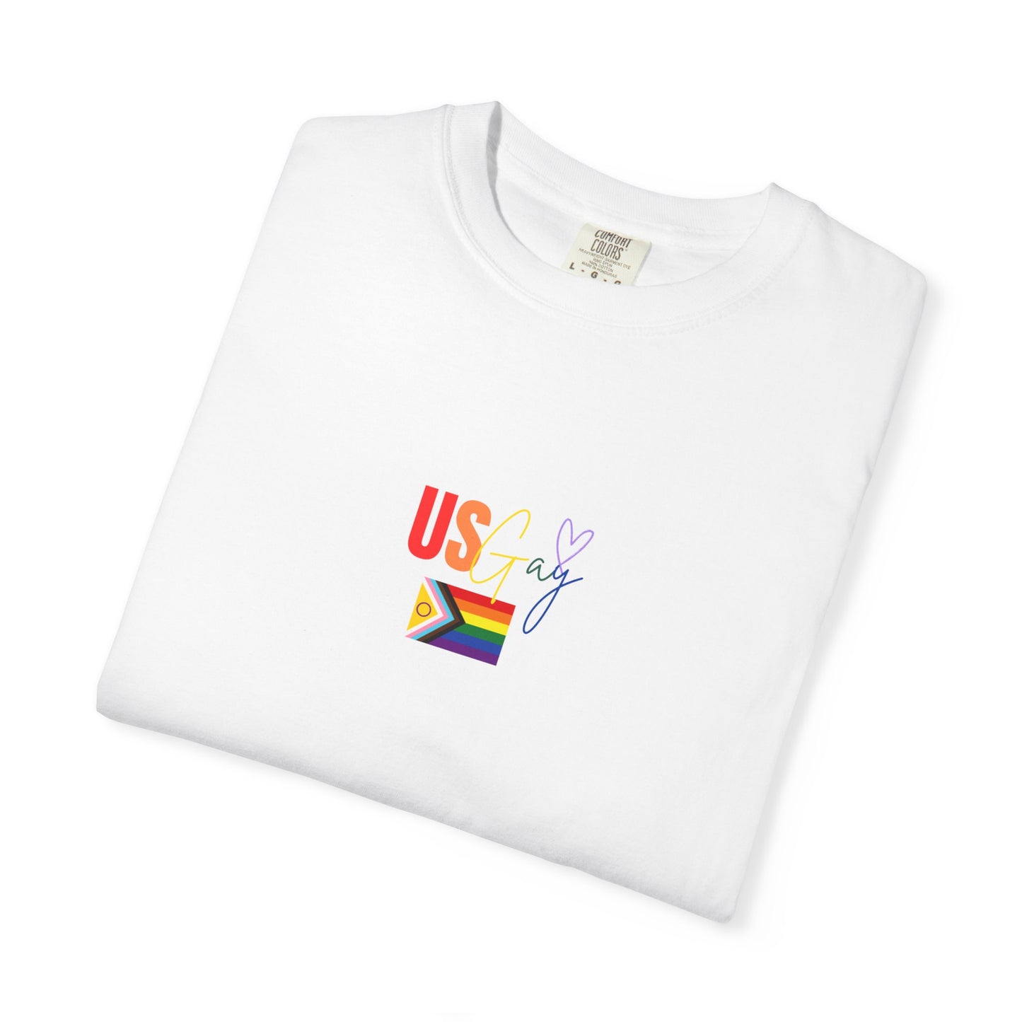 Bright and stylish white "US Gay" Pride t-shirt featuring vivid rainbow text and a proudly displayed flag, celebrating love and inclusivity.