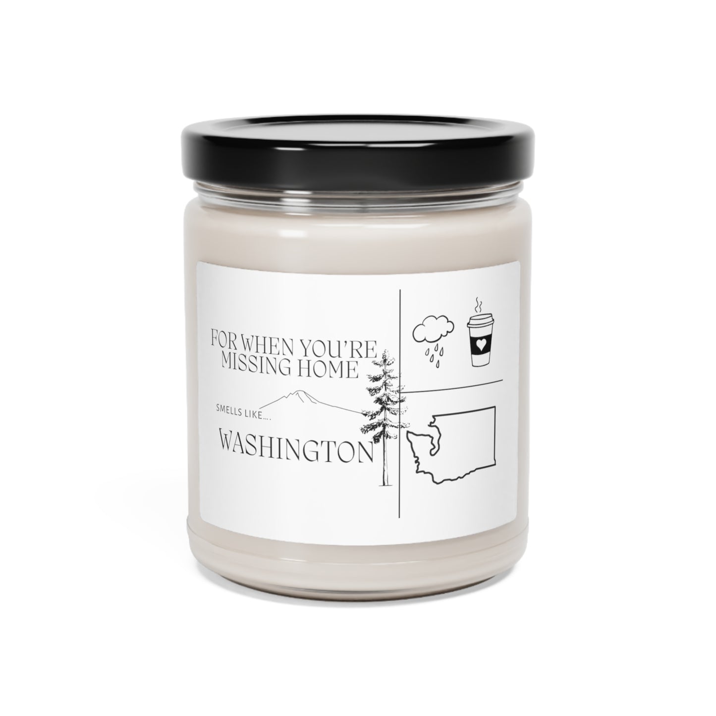 Glass jar candle labeled “Missing Home – Washington,” featuring forest-inspired design and clean white wax—ideal gift for homesick PNW hearts.