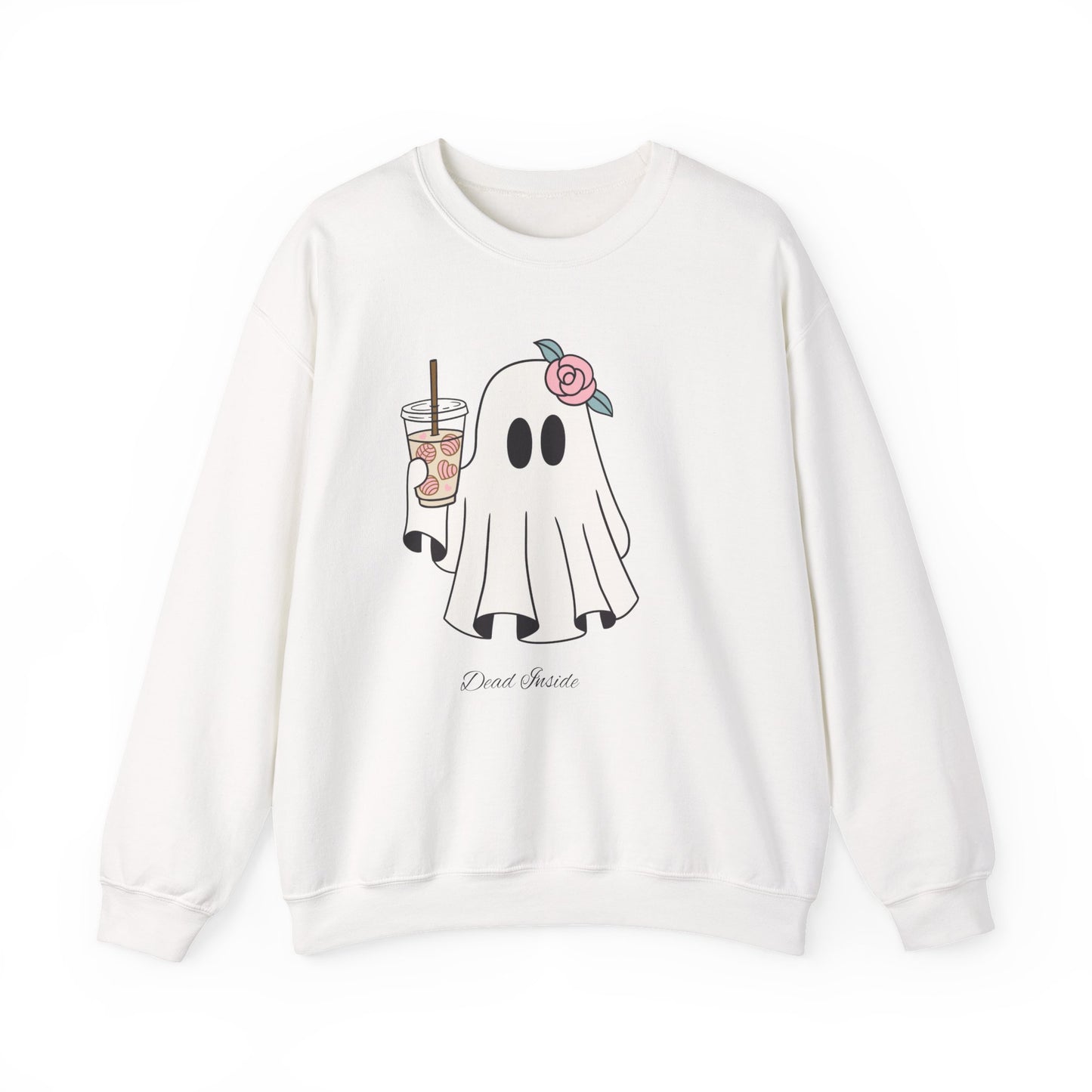 White Halloween sweatshirt with ghost illustration and “dead inside” phrase, styled for soft spooky season fashion.