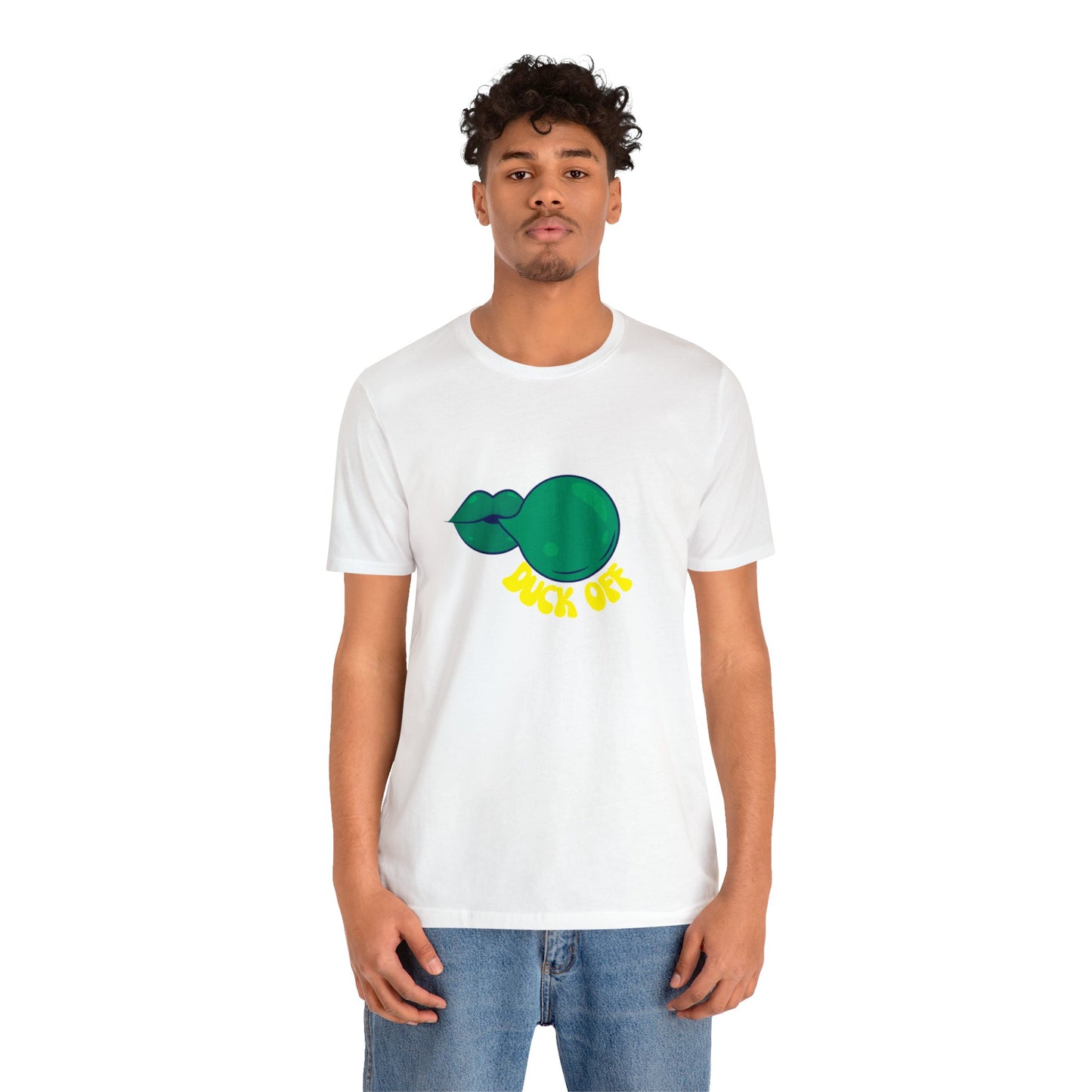 White "Duck Off" T-Shirt styled at a football stadium, blending casual comfort with bold fan energy.