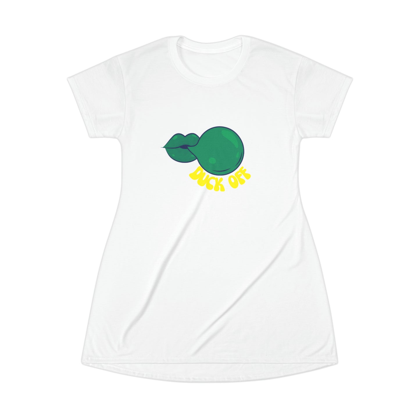 White "Duck Off" T-Shirt Dress styled at a football stadium, blending casual comfort with bold fan energy.