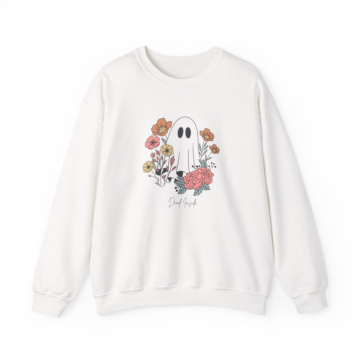 White Halloween sweatshirt with ghost and flower design and “dead inside” phrase, styled for soft spooky season fashion.