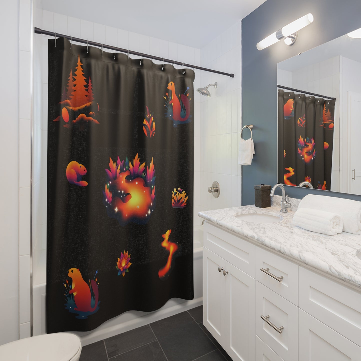 Styled bathroom scene with psychedelic beaver dam shower curtain, wood accents, and matte black fixtures
If you’re building a “Retro Wild” or “PNW Psychedelia” mini-series, we could riff on matching bath mats, wall art, or even scent pairings like cedar and citrus. Want to sketch out a few companion pieces next?