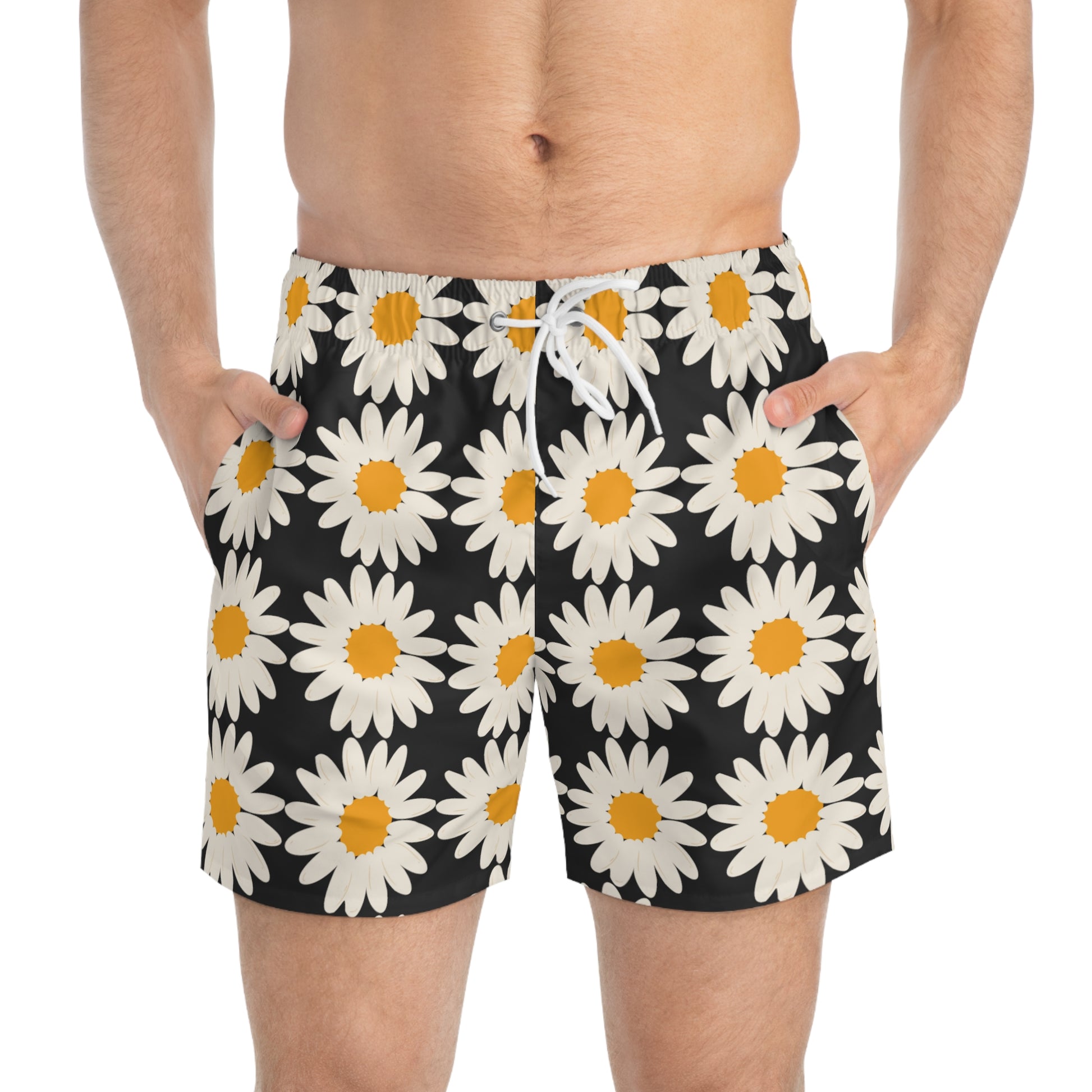 Mens Swim Trunks Floral Black Daisies Summer Boho Swim Men's Swim Trunks Black Daisy Floral Boho Swim Apparel Summer Pool Party Daisy Swim