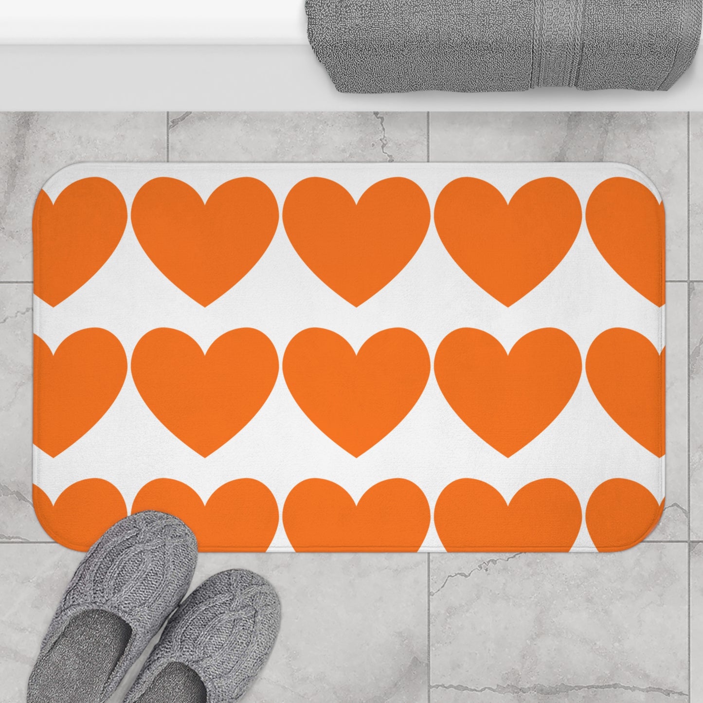 Orange Heart Bath Mat, Cute Bathroom Rug, Valentine's Day Gift, Love Home Decor, Cozy Bathroom Accessories