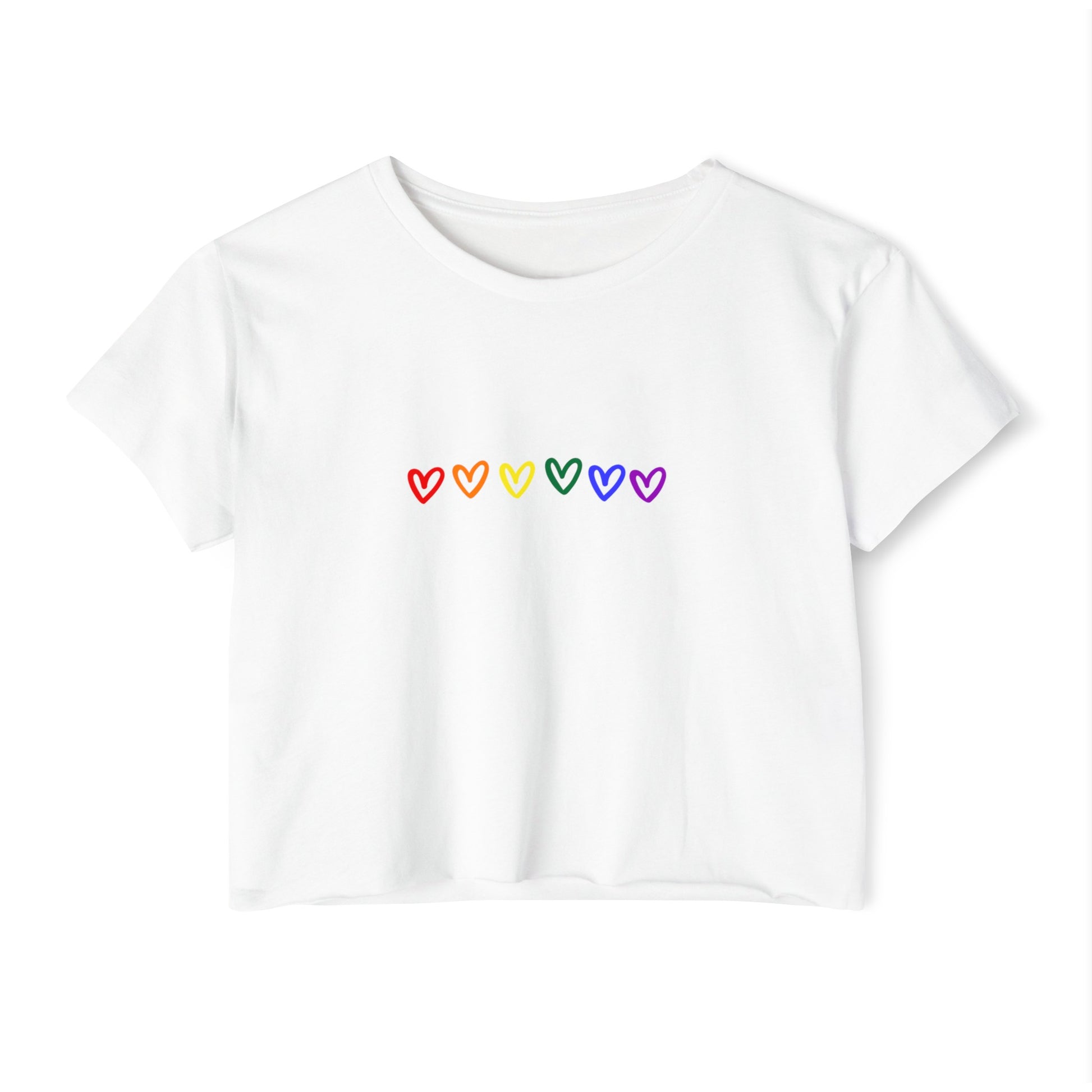 Rainbow  Hearts Pride Women's Festival Crop Top LGBTQ Pride Crop Top Rainbow Hearts gay Pride rainbow hearts crop top lesbian pride crop top hearts Lt white 