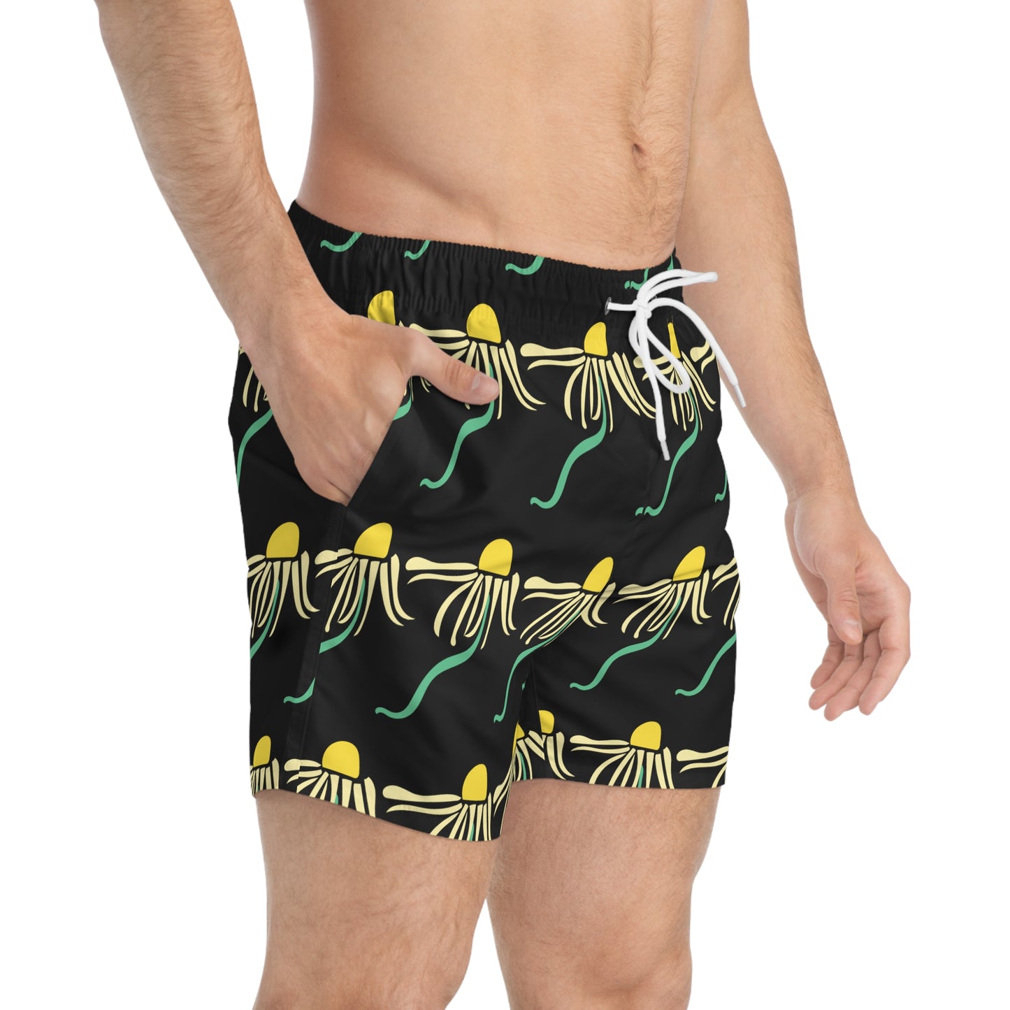 Black Dizzy Daisy Men's Swim Trunks Boho Floral Swim Apparel Men's Psychedelic Daisies Floral Men's Swim Apparel Funky Floral Men's Swim