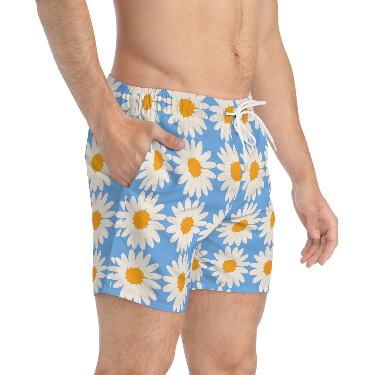 Sky Blue Daisy Men's Swim Trunks Floral Light Blue Men's Swim Trunks Floral Men's Summer Swim Apparel Light Blue Daisies