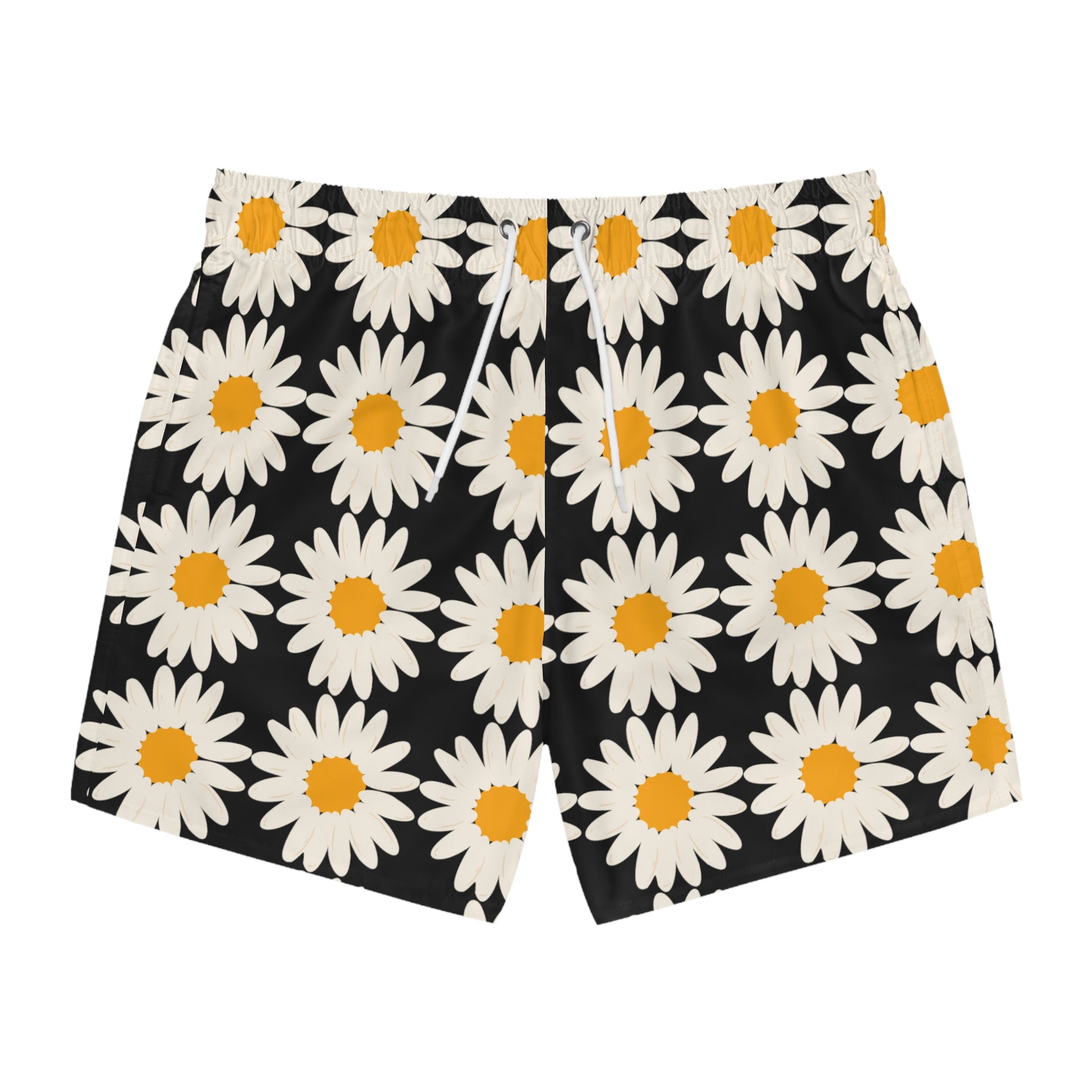 Mens Swim Trunks Floral Black Daisies Summer Boho Swim Men's Swim Trunks Black Daisy Floral Boho Swim Apparel Summer Pool Party Daisy Swim
