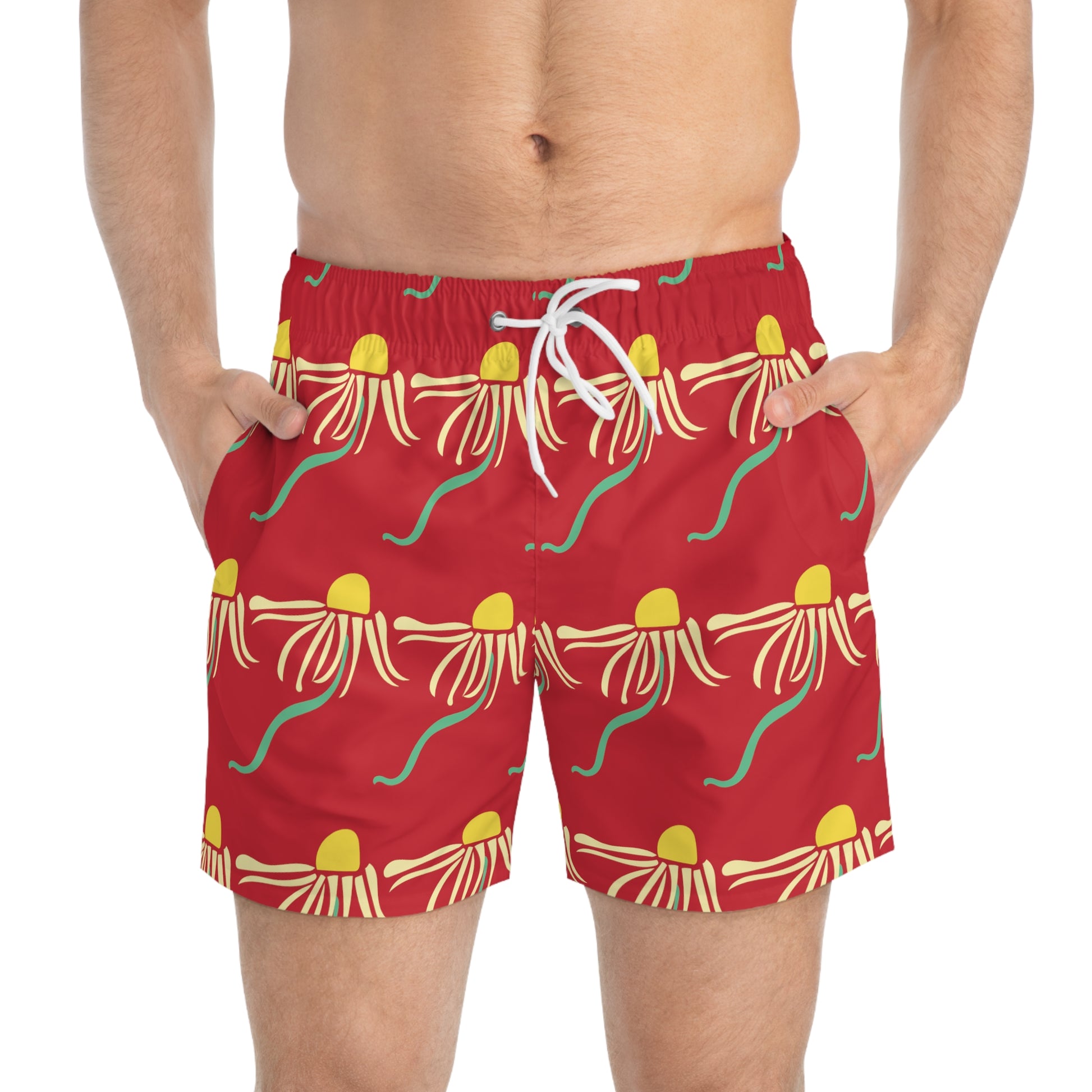Red Dizzy Daisy Swim Trunks Cute Boho Men's Swim Apparel Western Floral Psychedelic Daisy Red Men's Swim Trunks & Apparel