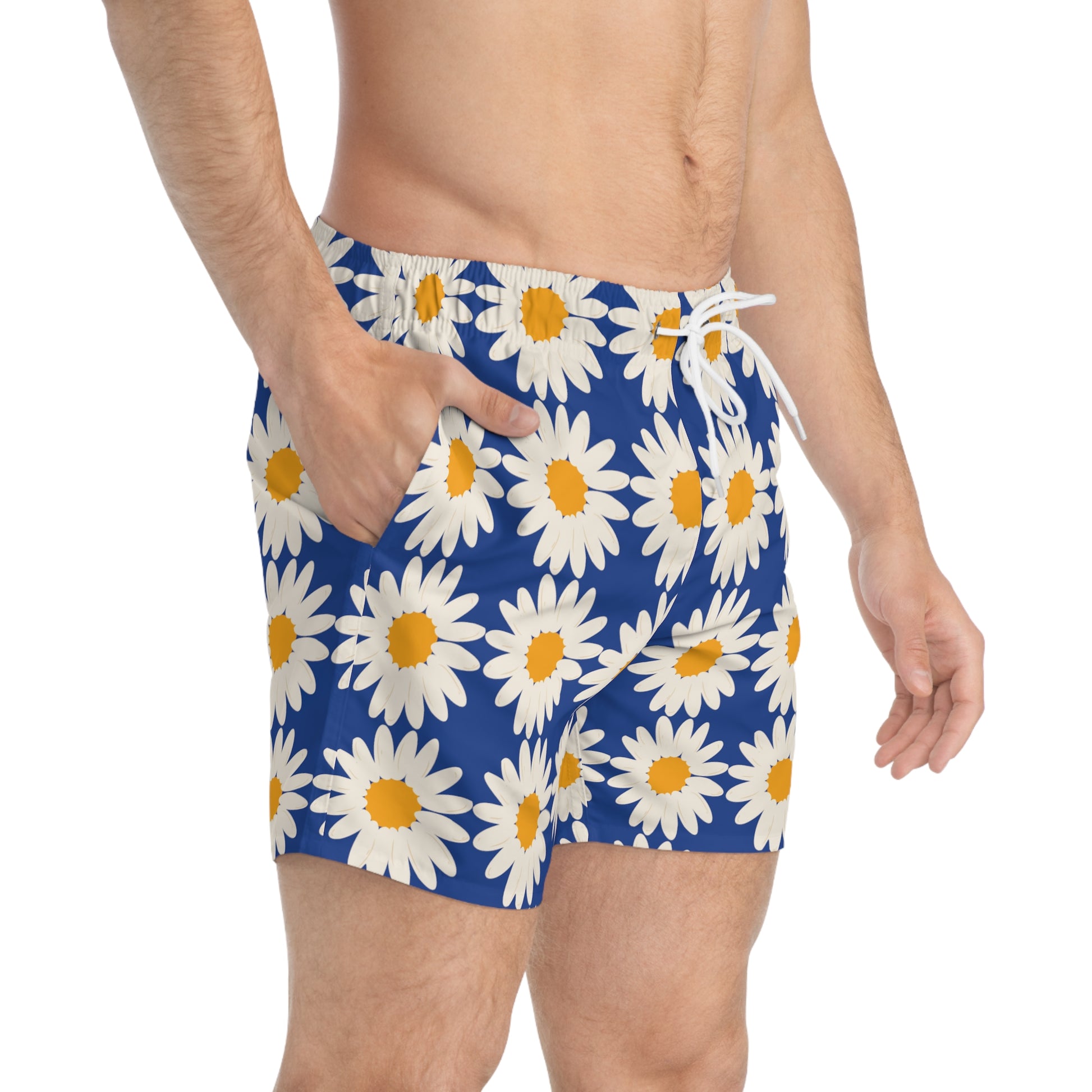 White Daisy Dark Blue Men's Swim Trunks Floral Daisies Men's Swim Apparel Boho Swim Trunks Men's Summer Swim Apparel Daisy Swim