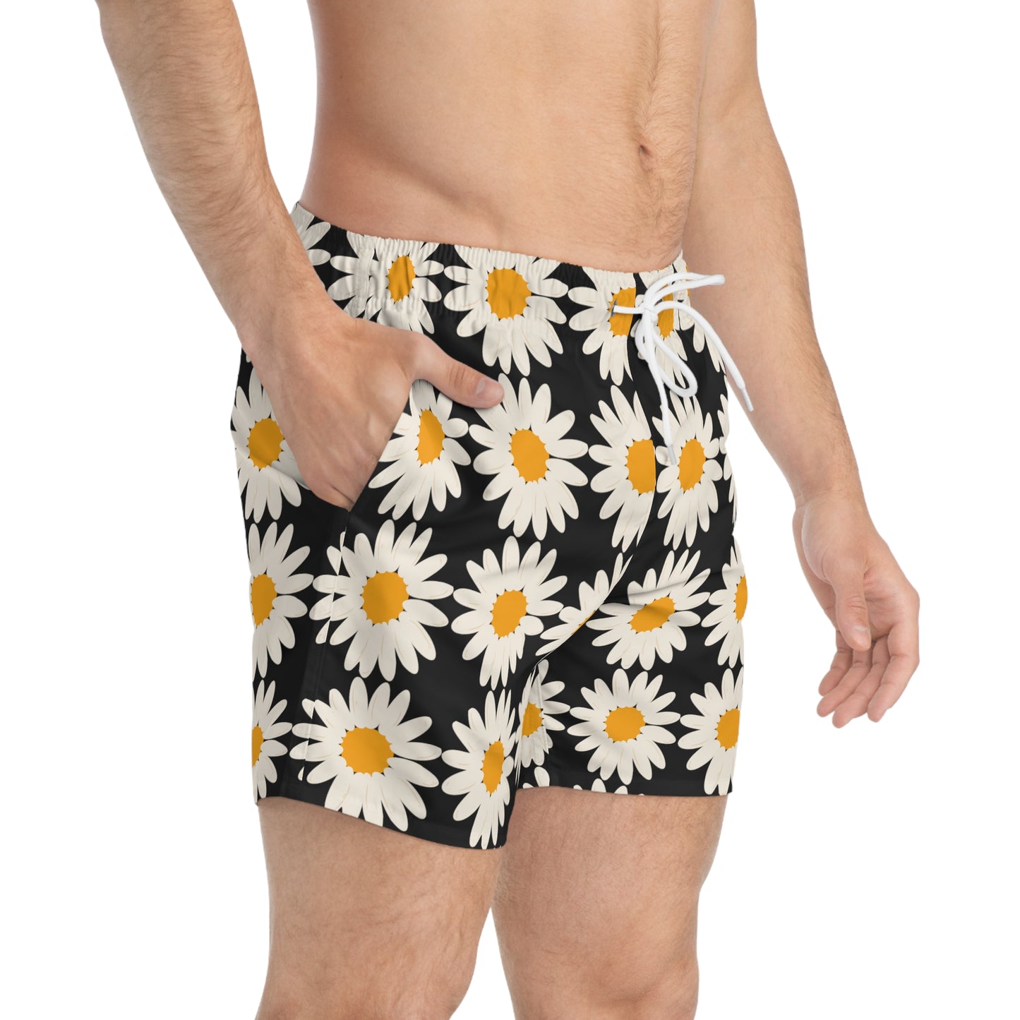 Mens Swim Trunks Floral Black Daisies Summer Boho Swim Men's Swim Trunks Black Daisy Floral Boho Swim Apparel Summer Pool Party Daisy Swim